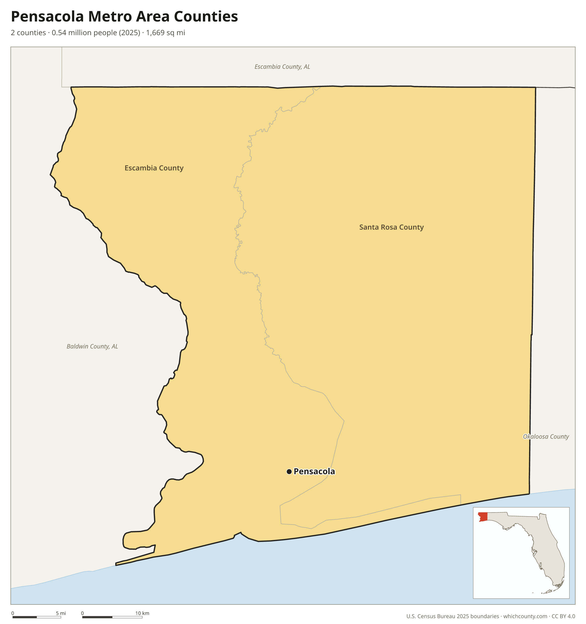 Map of the 2 counties of the Pensacola metro area with county names and major cities