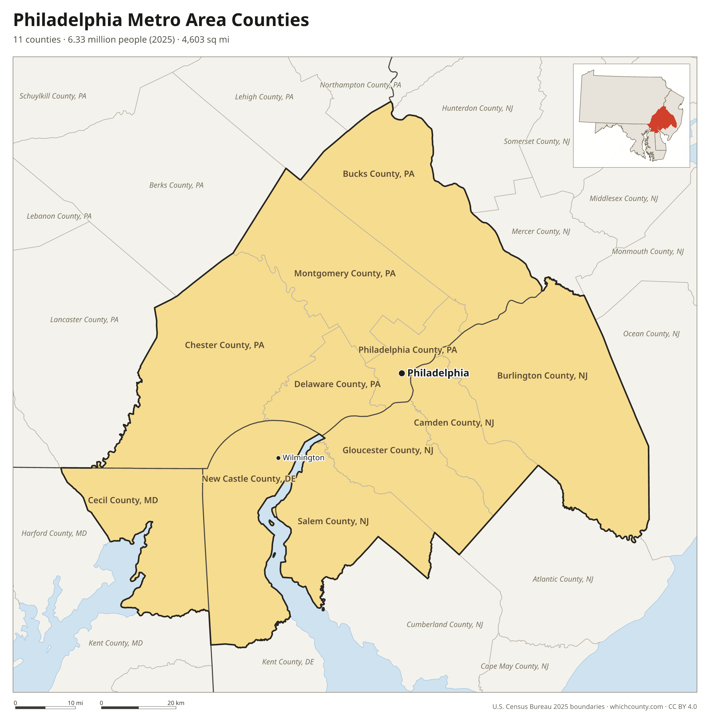Map of the 11 counties of the Philadelphia metro area with county names and major cities