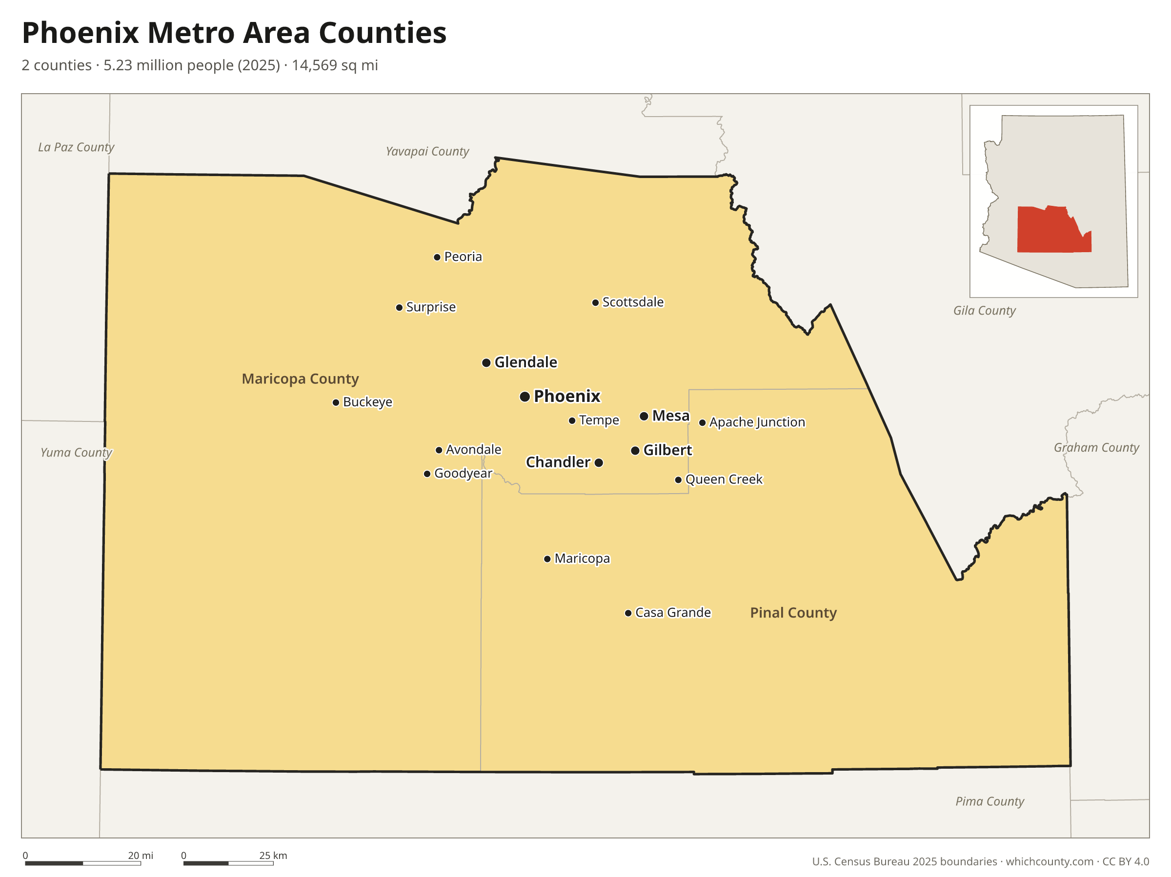 Map of the 2 counties of the Phoenix metro area with county names and major cities