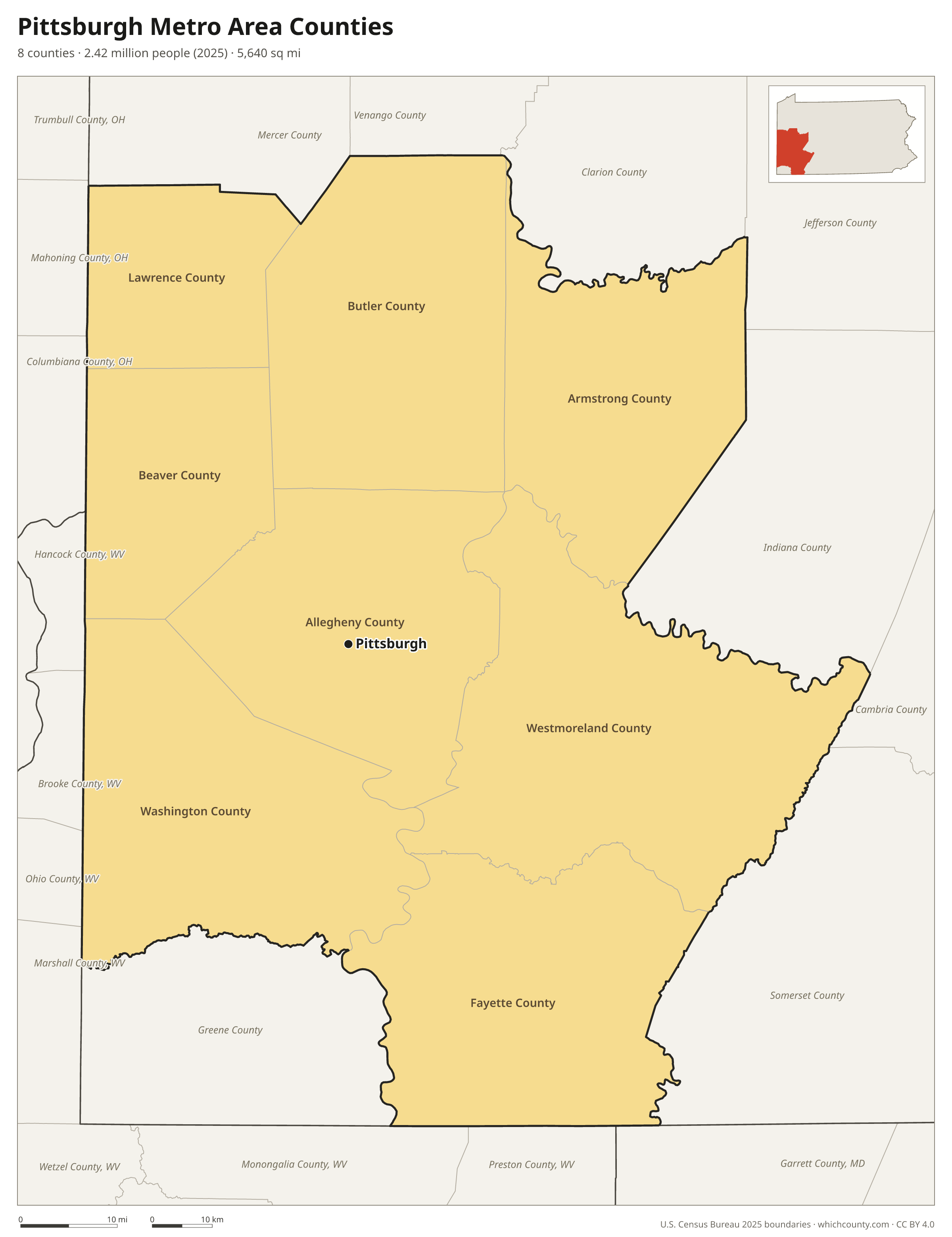 Map of the 8 counties of the Pittsburgh metro area with county names and major cities