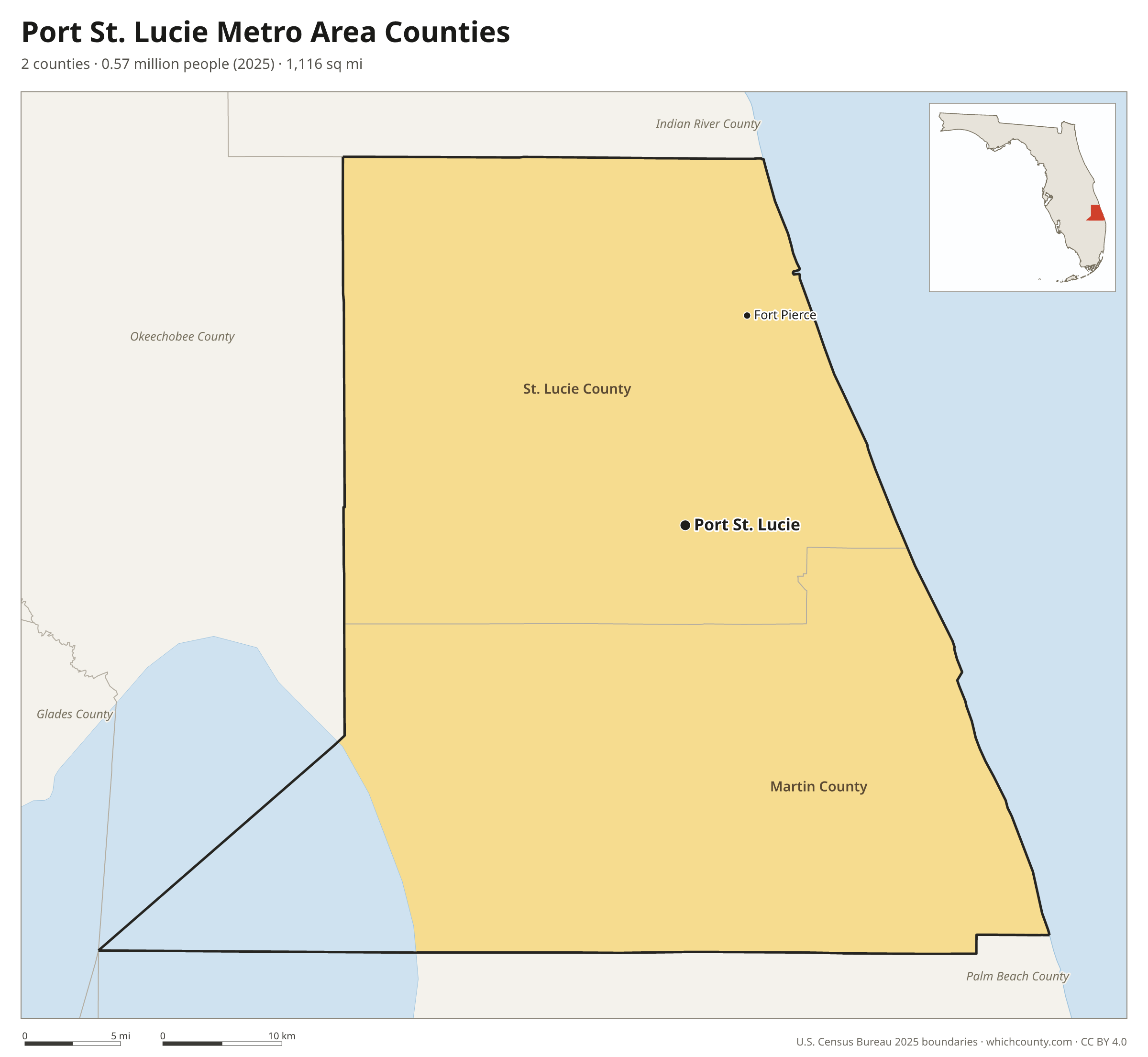 Map of the 2 counties of the Port St. Lucie metro area with county names and major cities