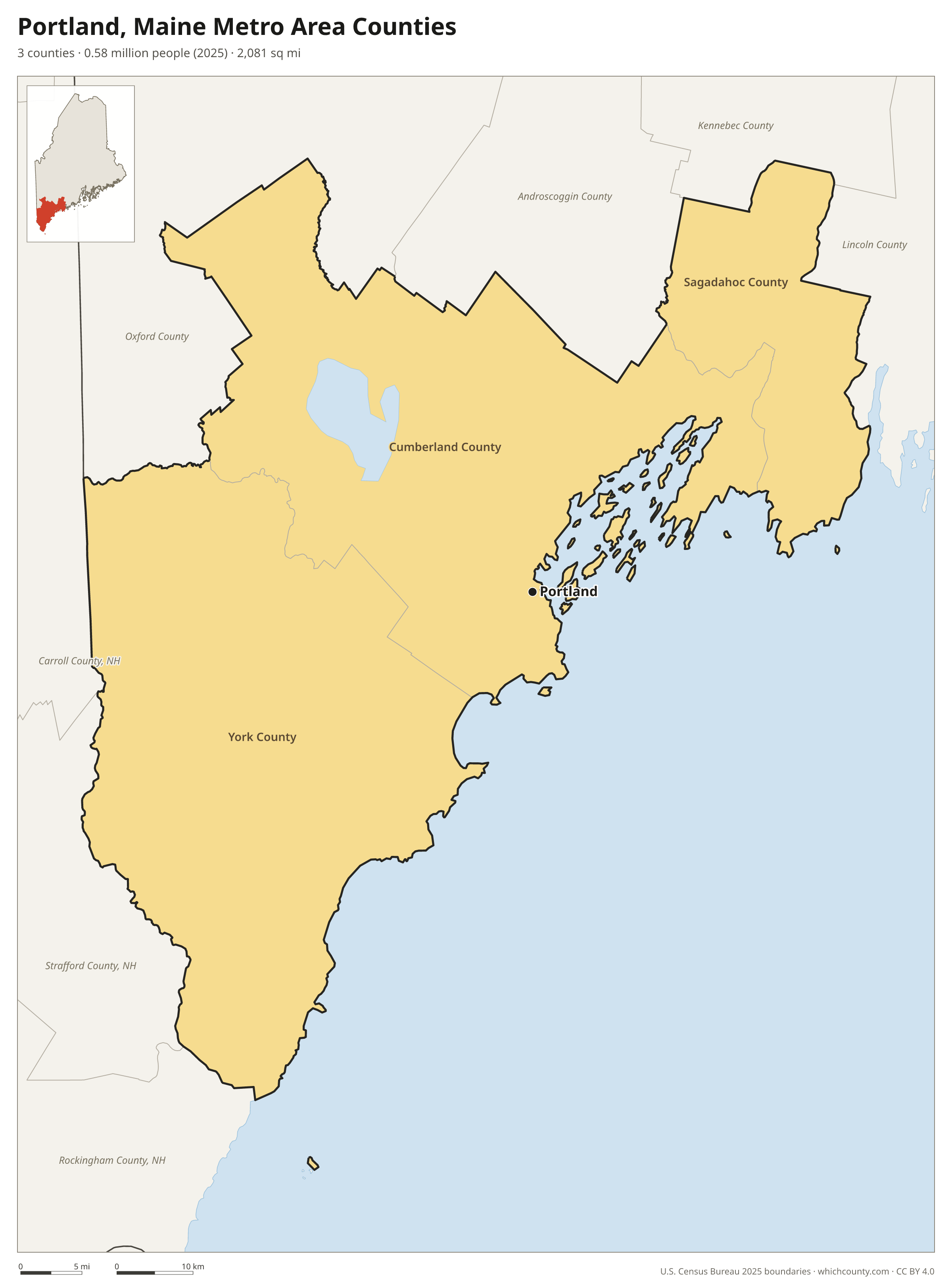 Map of the 3 counties of the Portland, Maine metro area with county names and major cities