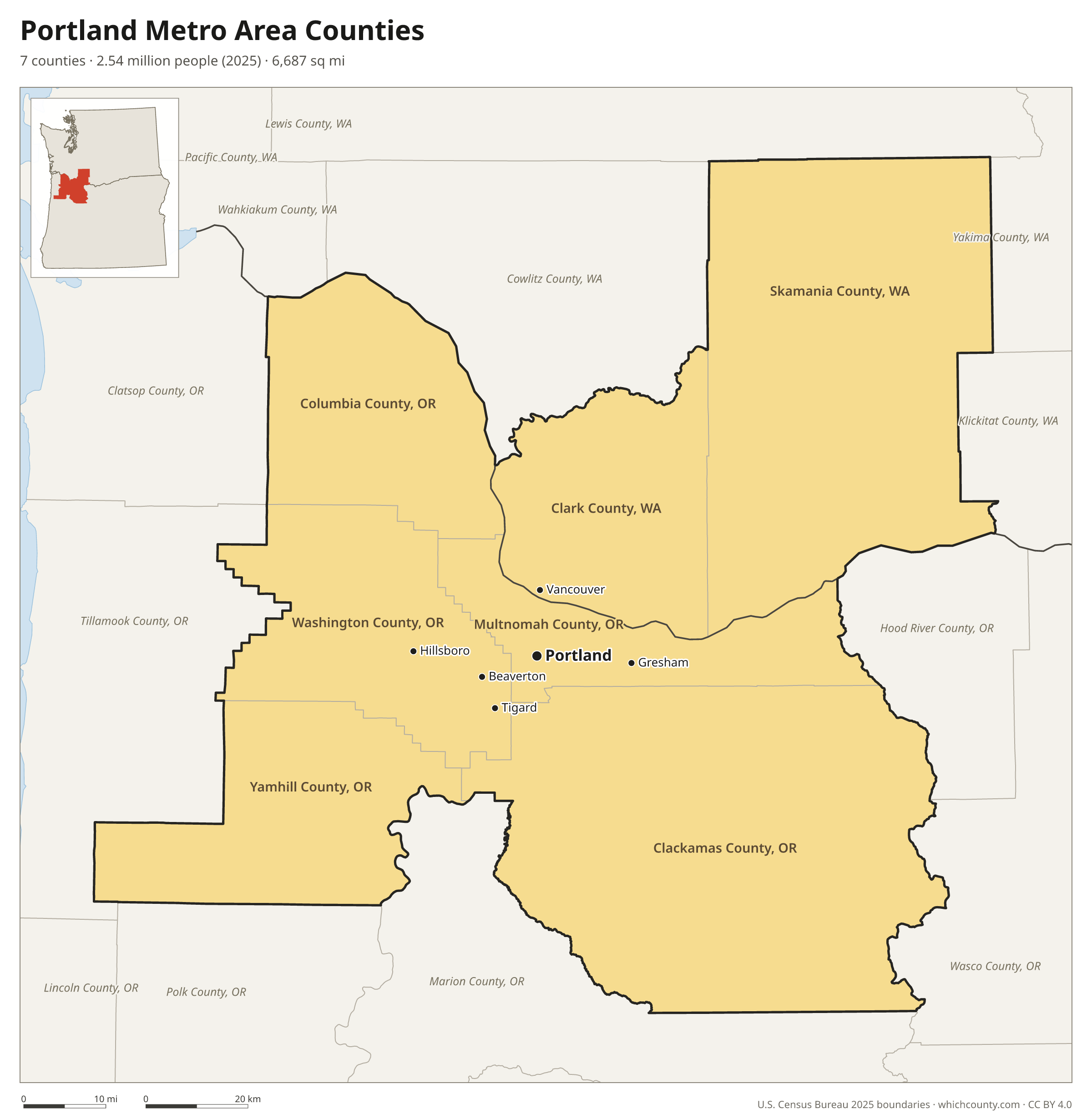 Map of the 7 counties of the Portland metro area with county names and major cities
