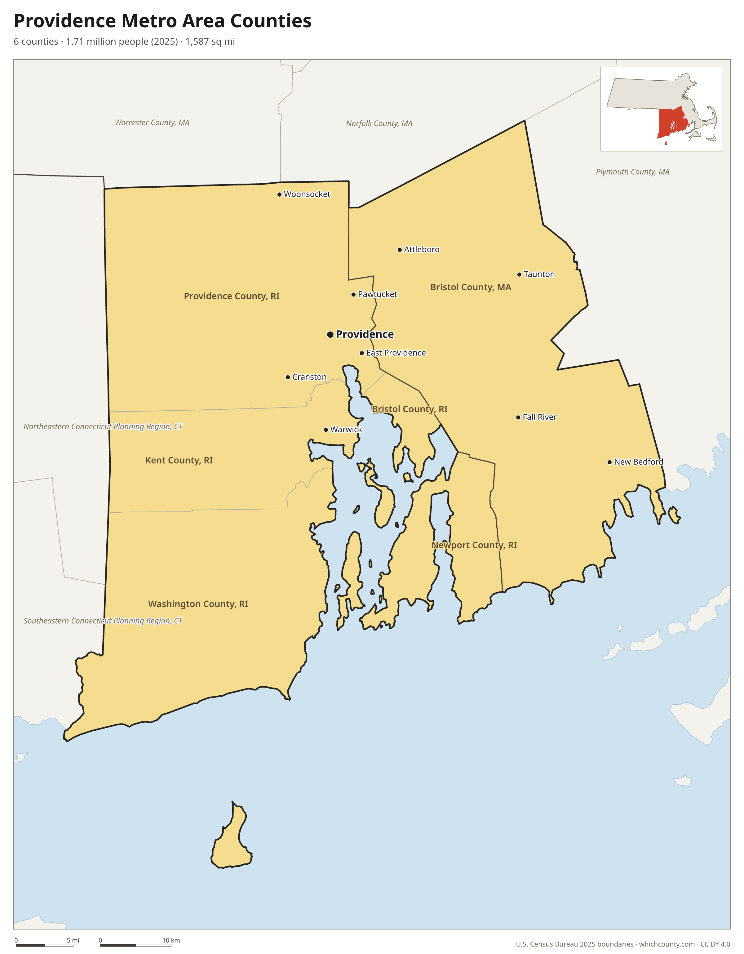 Map of the 6 counties of the Providence metro area with county names and major cities