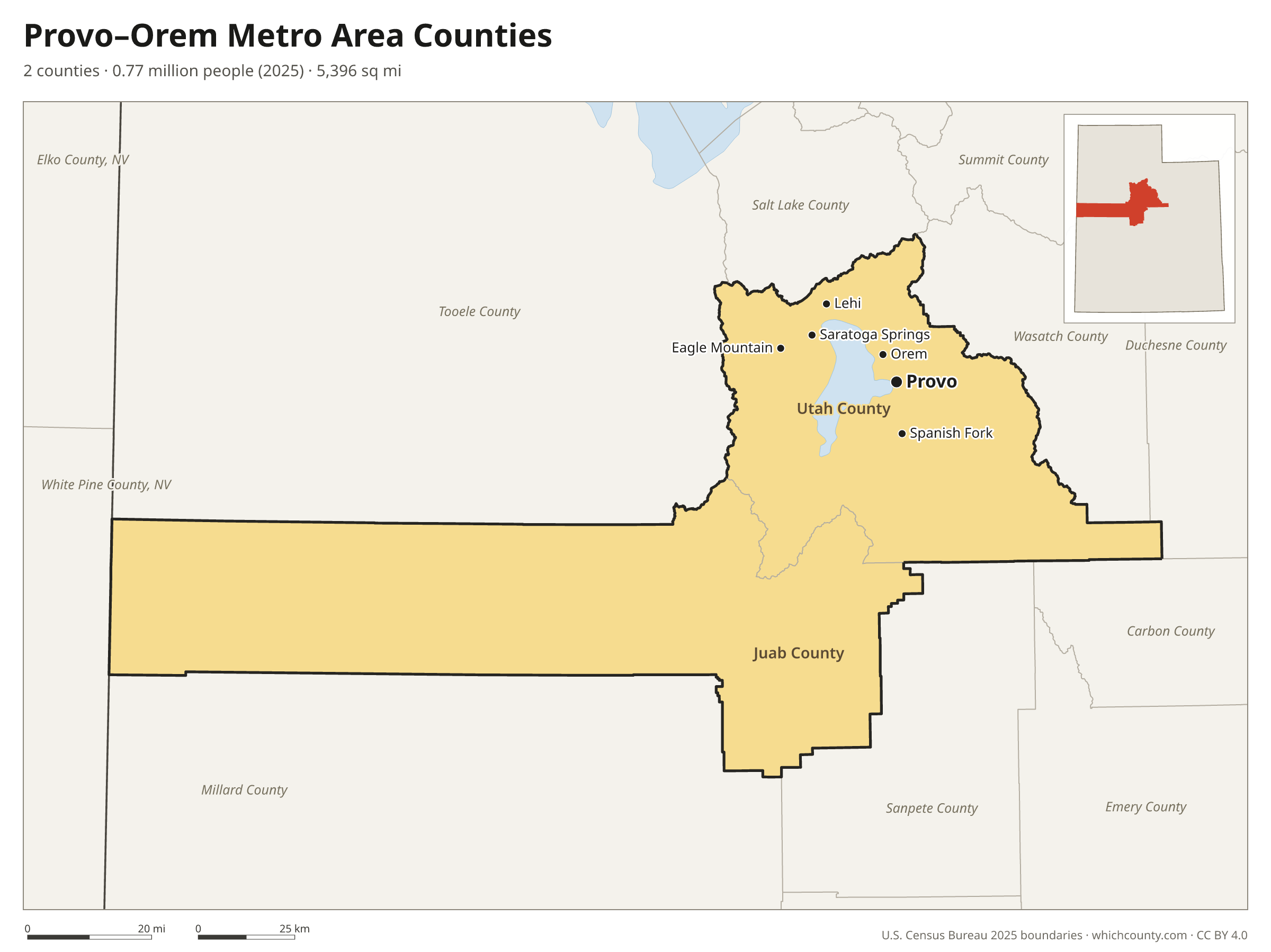 Map of the 2 counties of the Provo–Orem metro area with county names and major cities