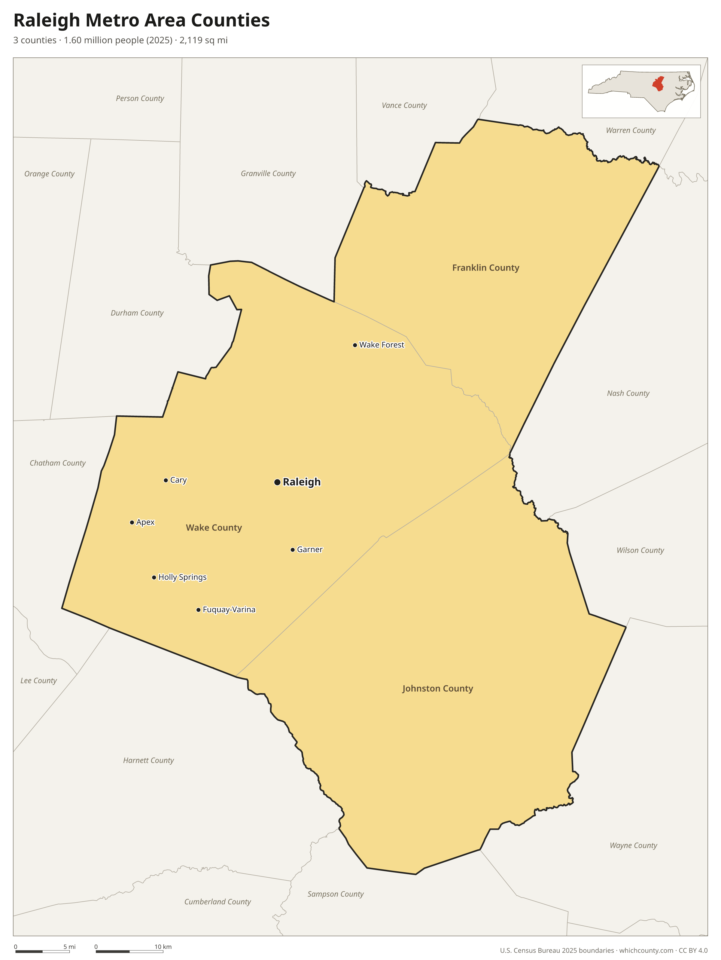 Map of the 3 counties of the Raleigh metro area with county names and major cities