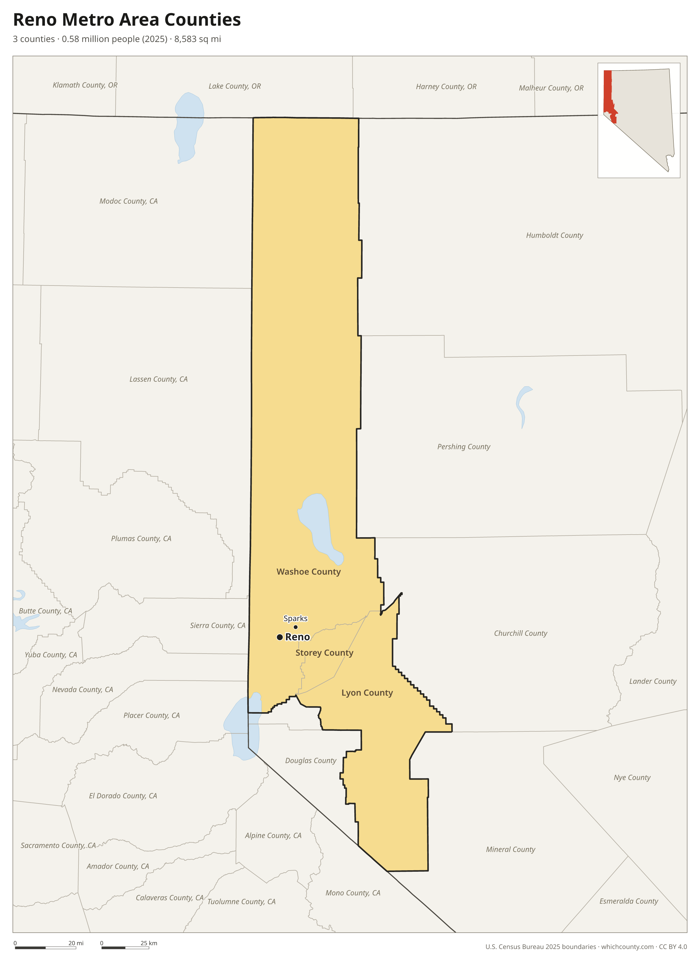 Map of the 3 counties of the Reno metro area with county names and major cities