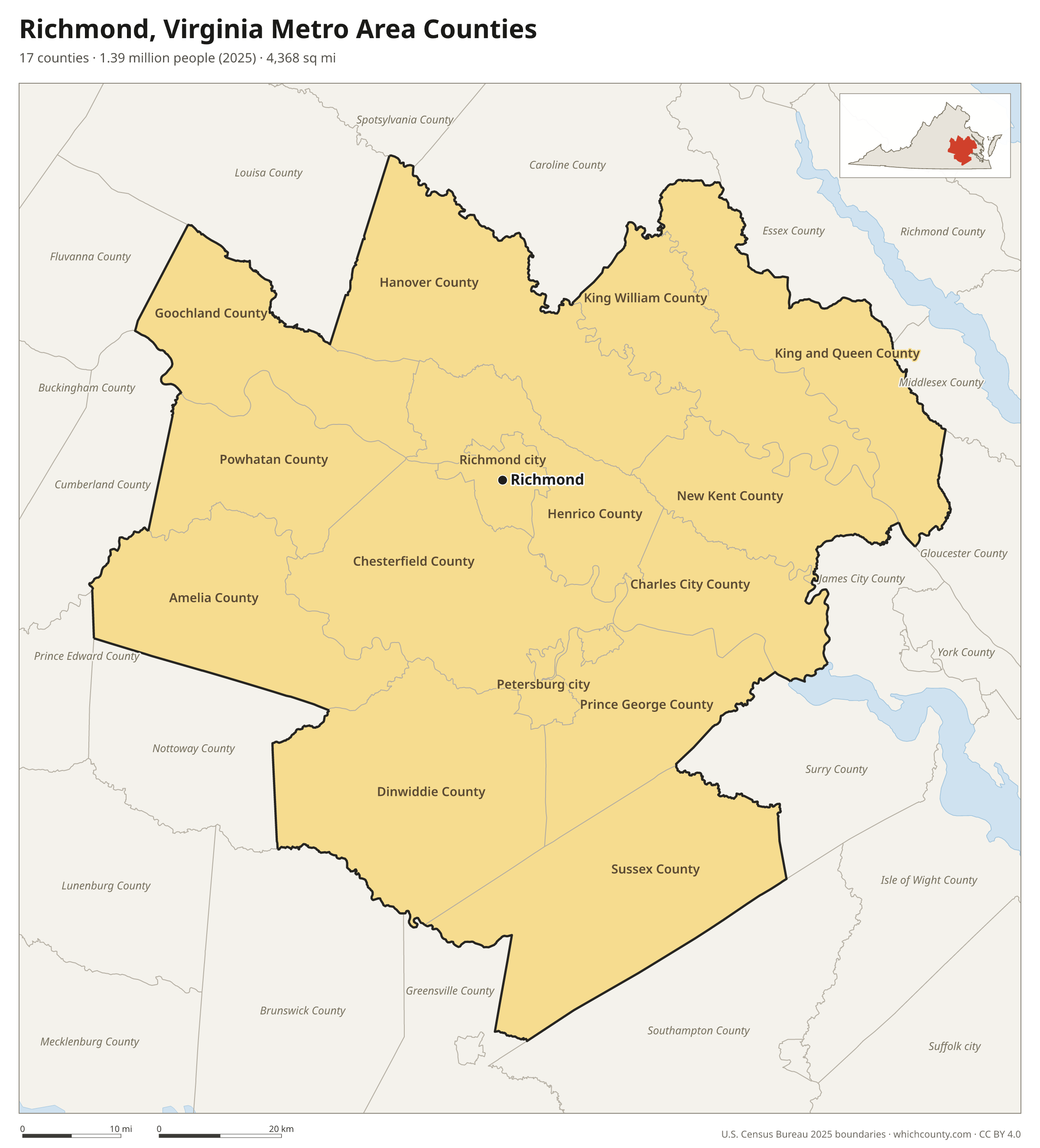 Map of the 17 counties of the Richmond, Virginia metro area with county names and major cities