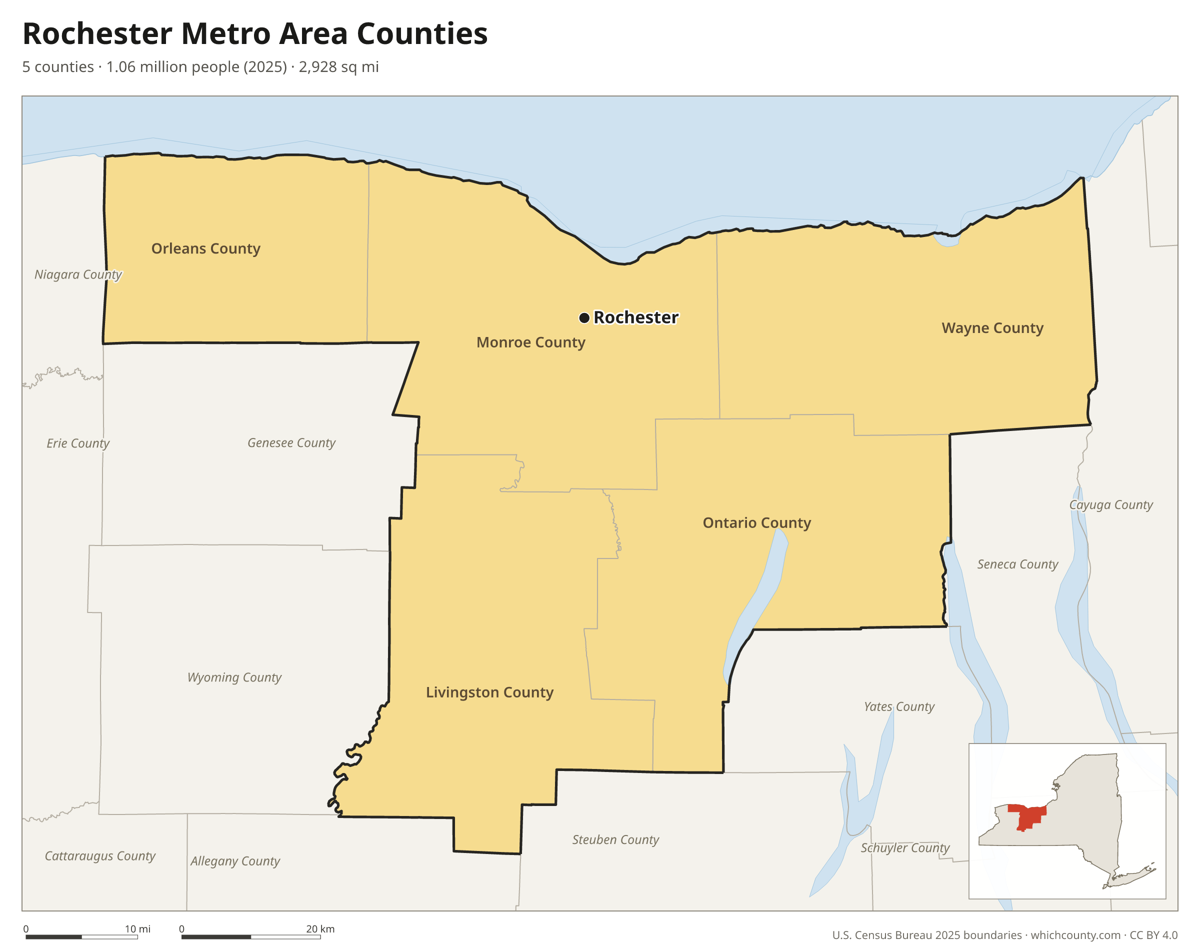 Map of the 5 counties of the Rochester metro area with county names and major cities