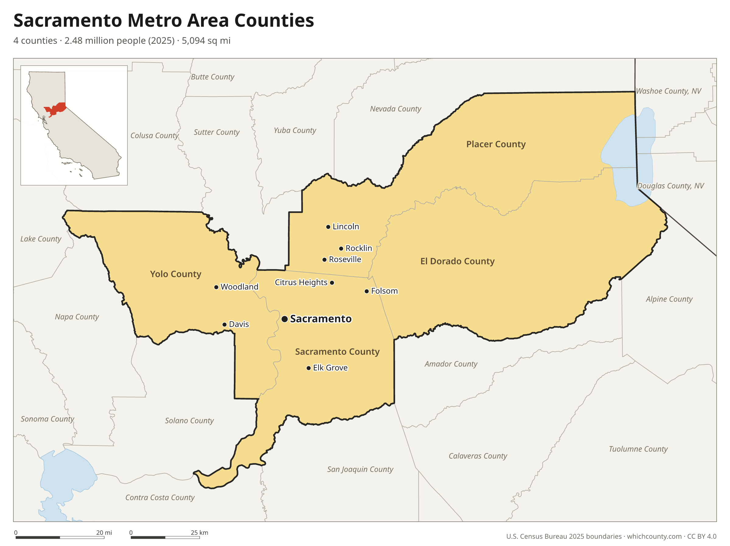 Map of the 4 counties of the Sacramento metro area with county names and major cities