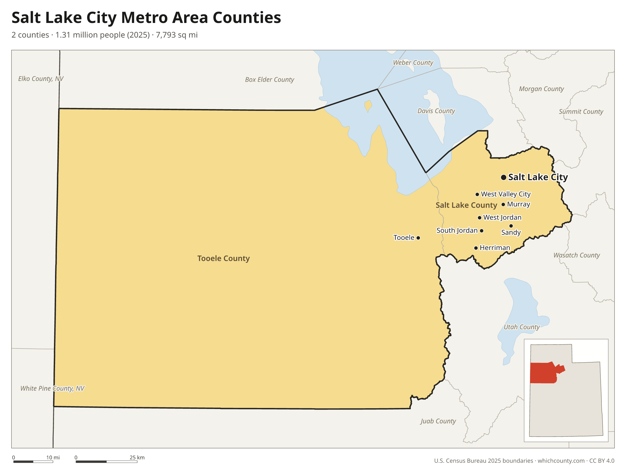 Map of the 2 counties of the Salt Lake City metro area with county names and major cities