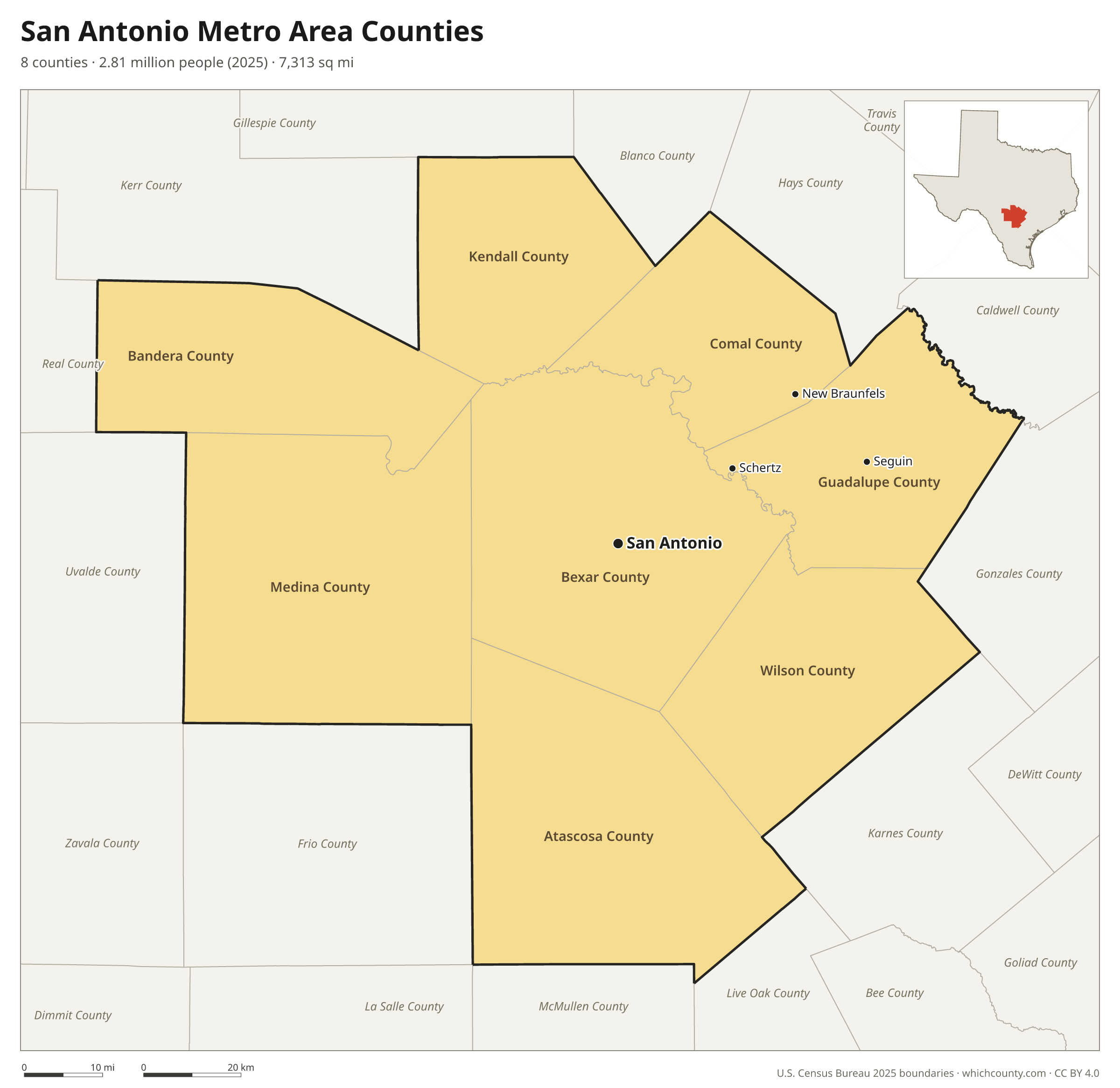 Map of the 8 counties of the San Antonio metro area with county names and major cities