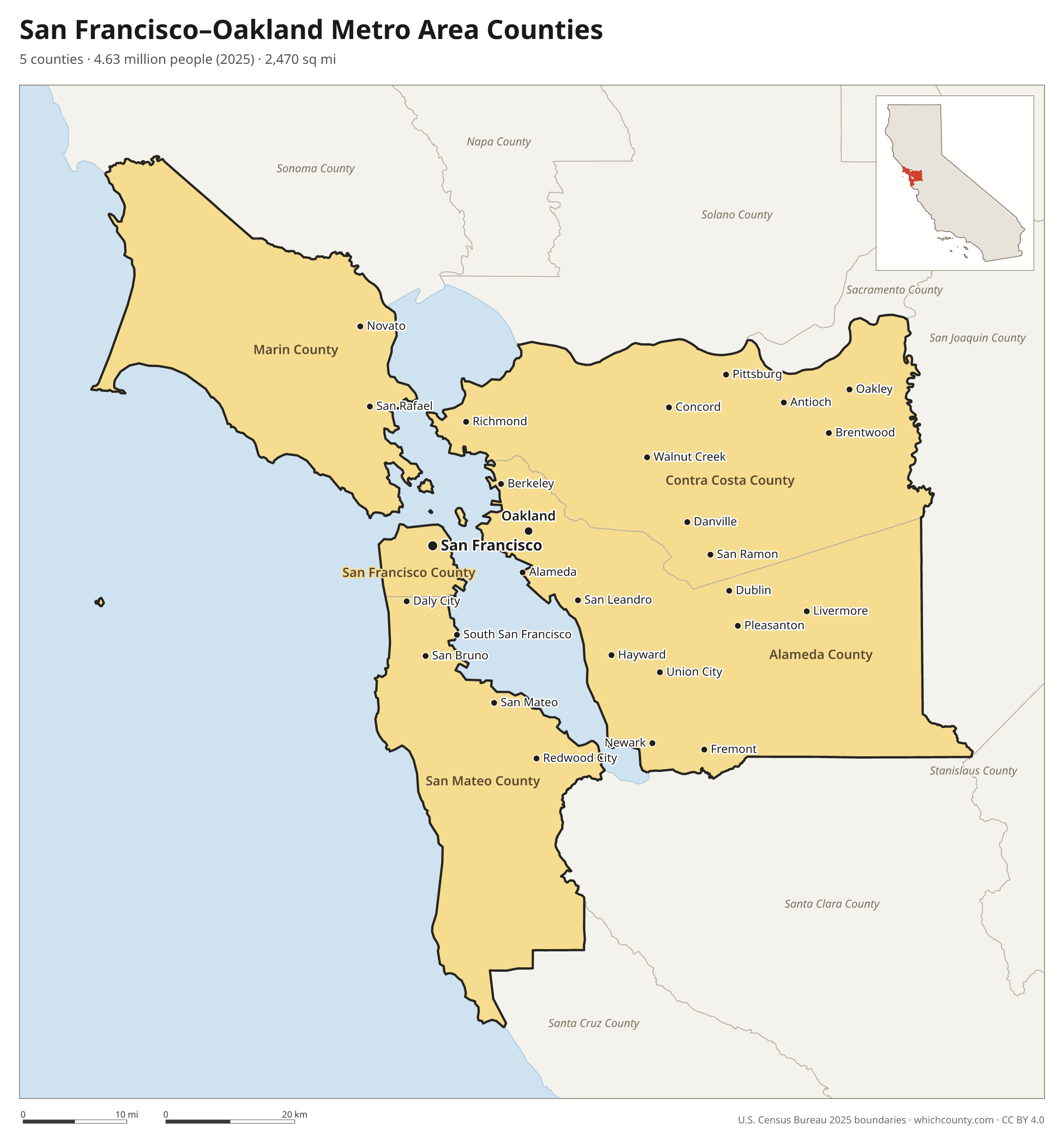 Map of the 5 counties of the San Francisco–Oakland metro area with county names and major cities