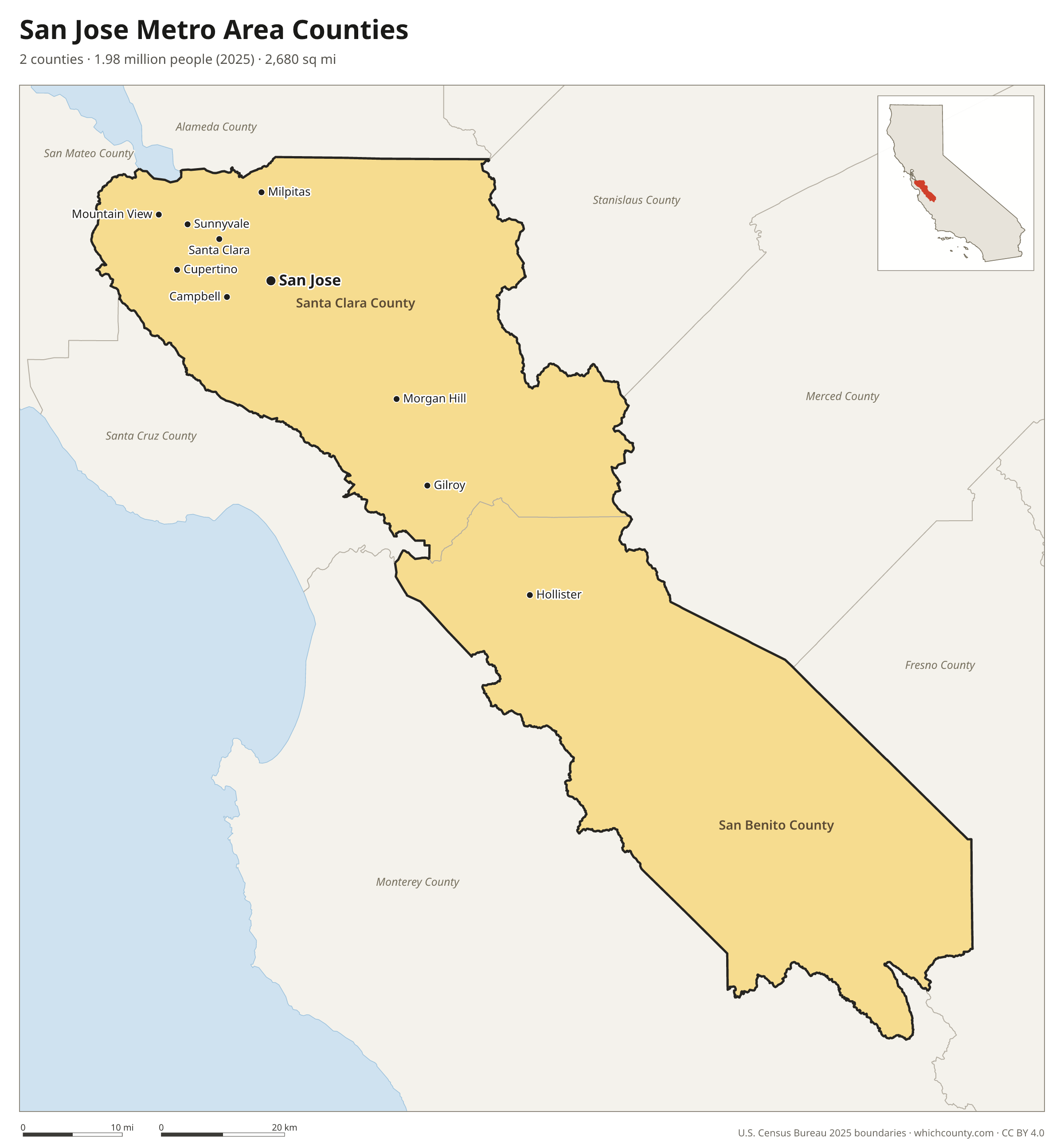 Map of the 2 counties of the San Jose metro area with county names and major cities