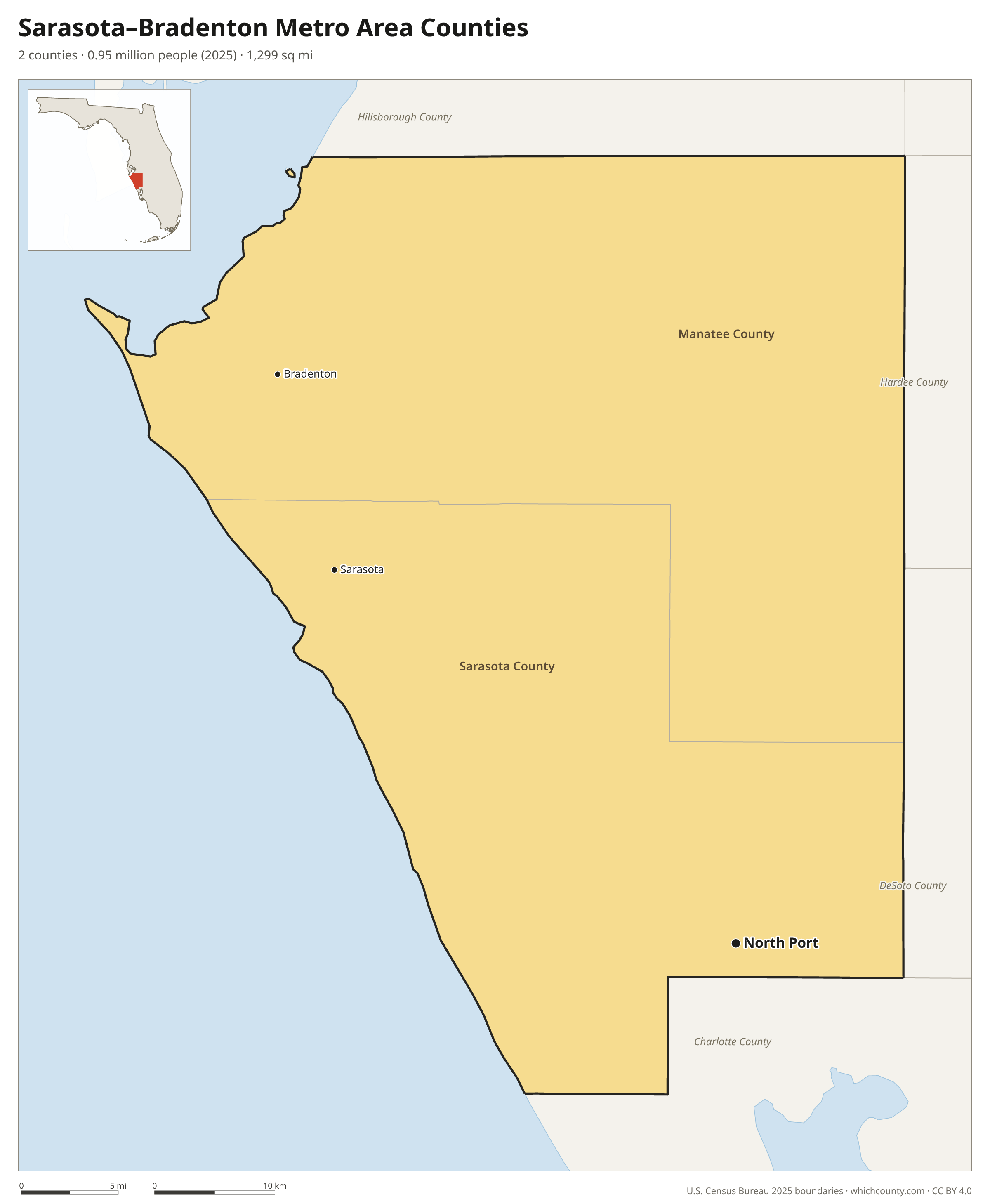 Map of the 2 counties of the Sarasota–Bradenton metro area with county names and major cities