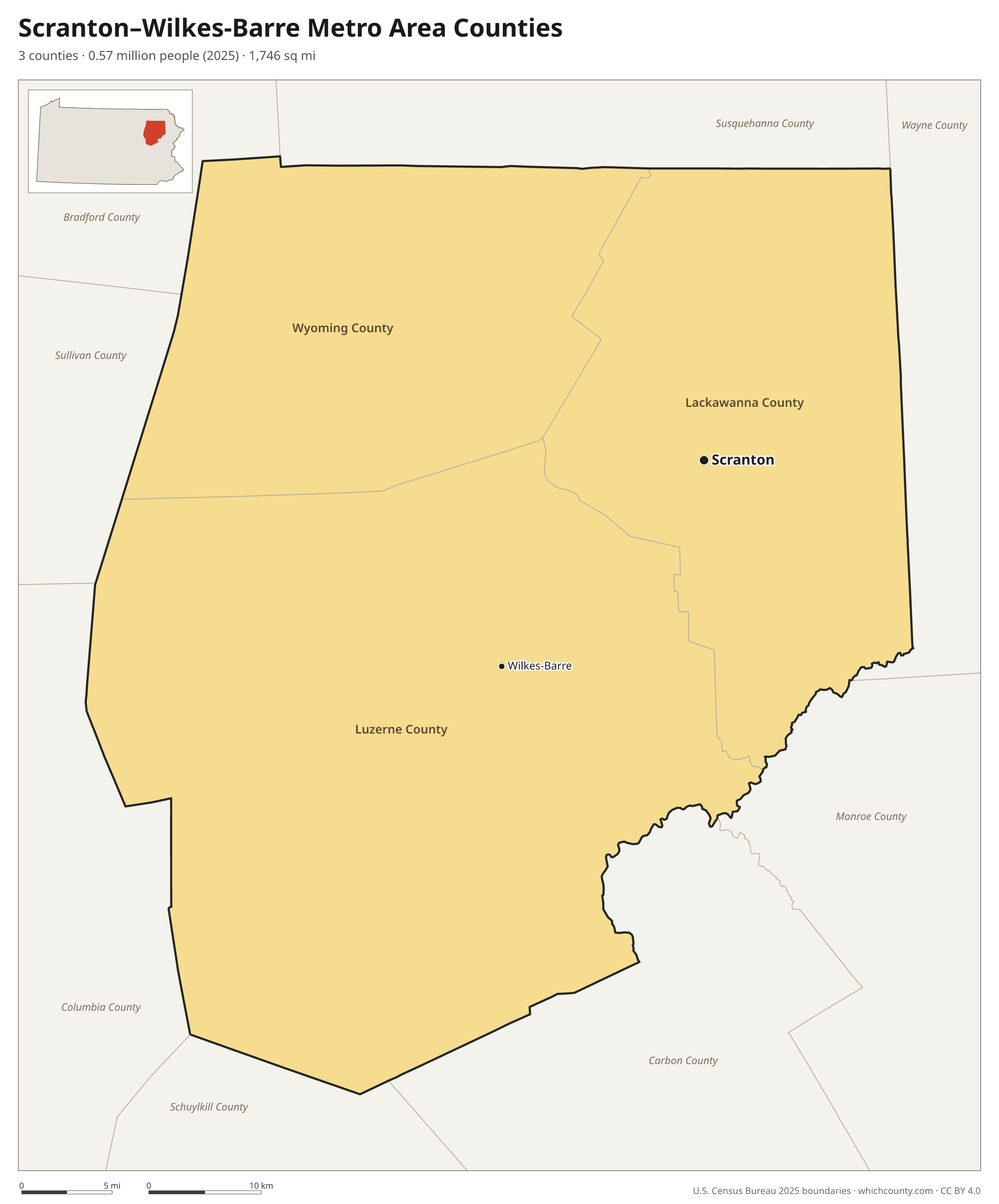 Map of the 3 counties of the Scranton–Wilkes-Barre metro area with county names and major cities
