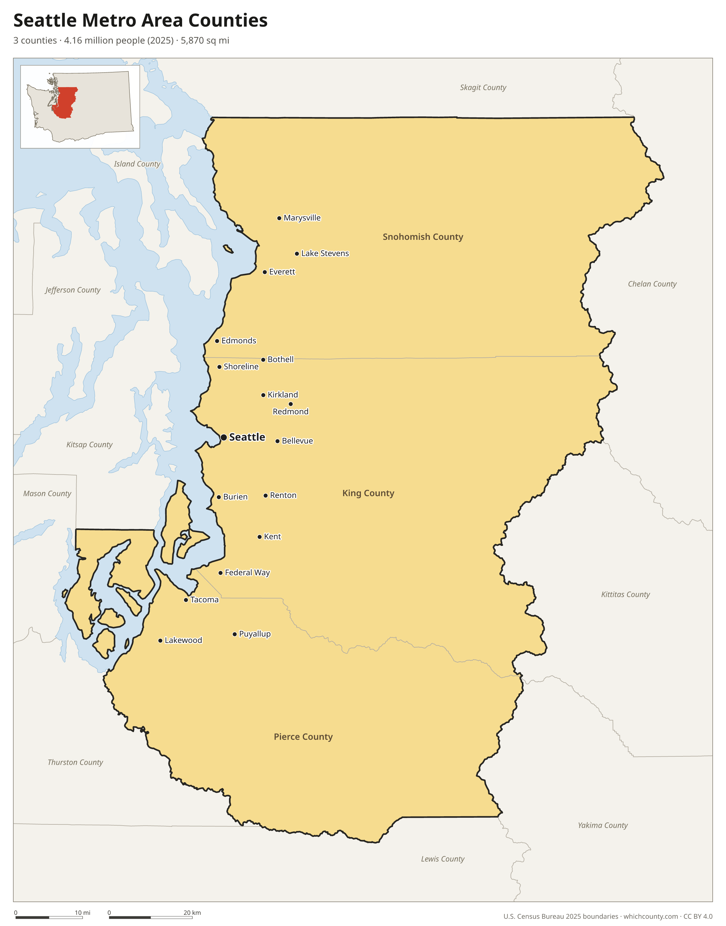 Map of the 3 counties of the Seattle metro area with county names and major cities