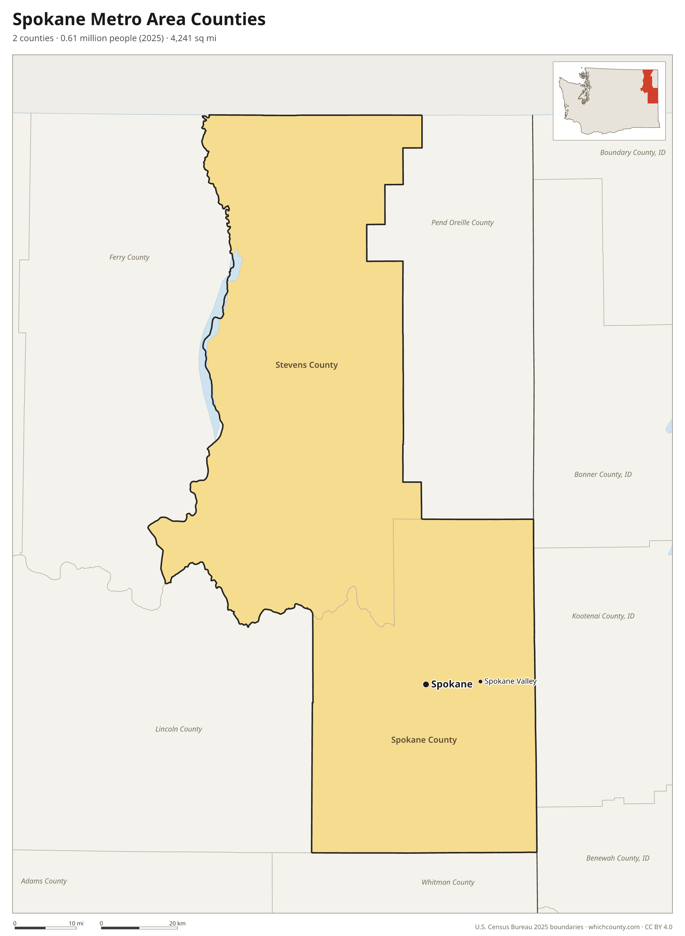 Map of the 2 counties of the Spokane metro area with county names and major cities