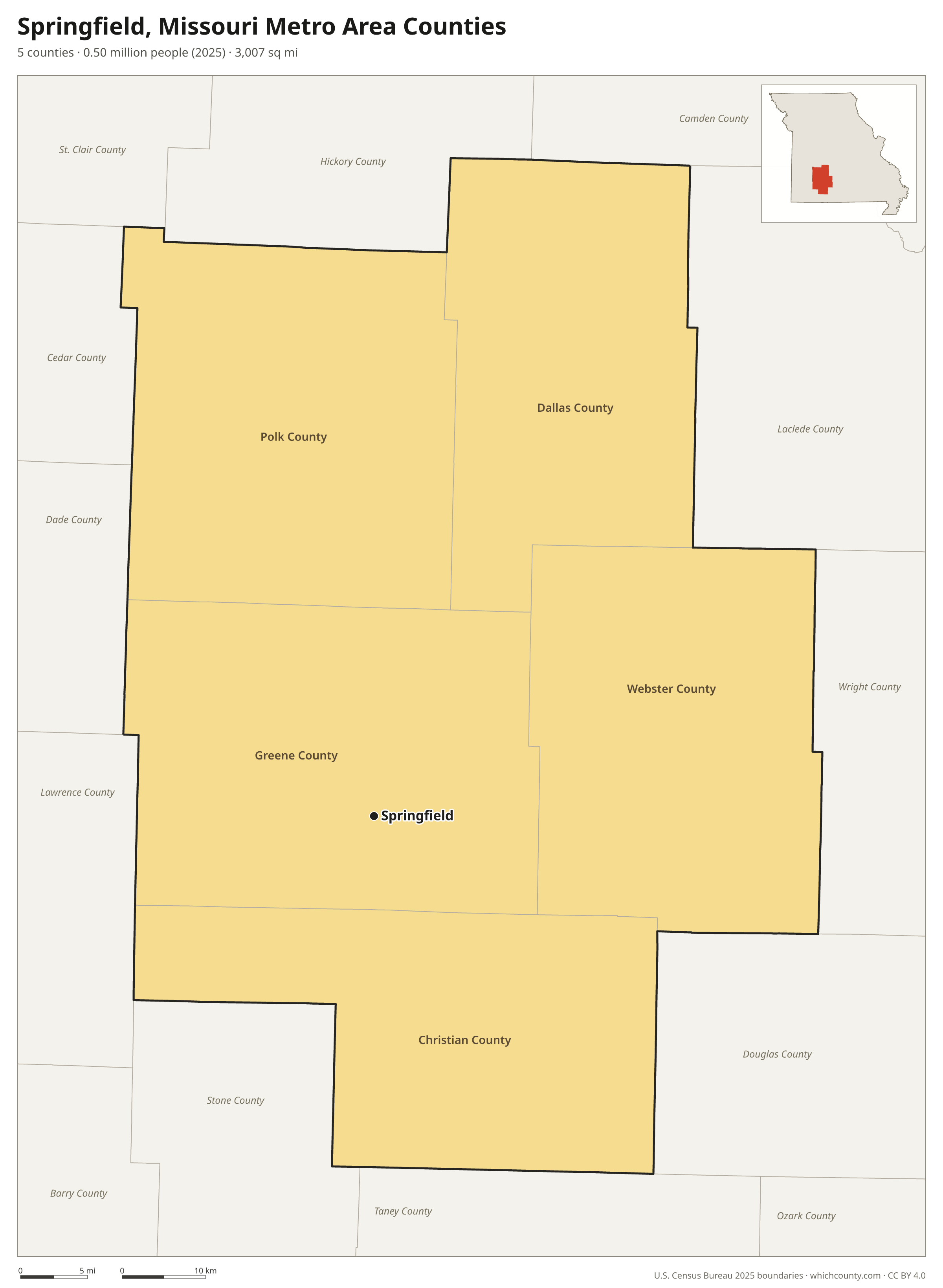 Map of the 5 counties of the Springfield, Missouri metro area with county names and major cities