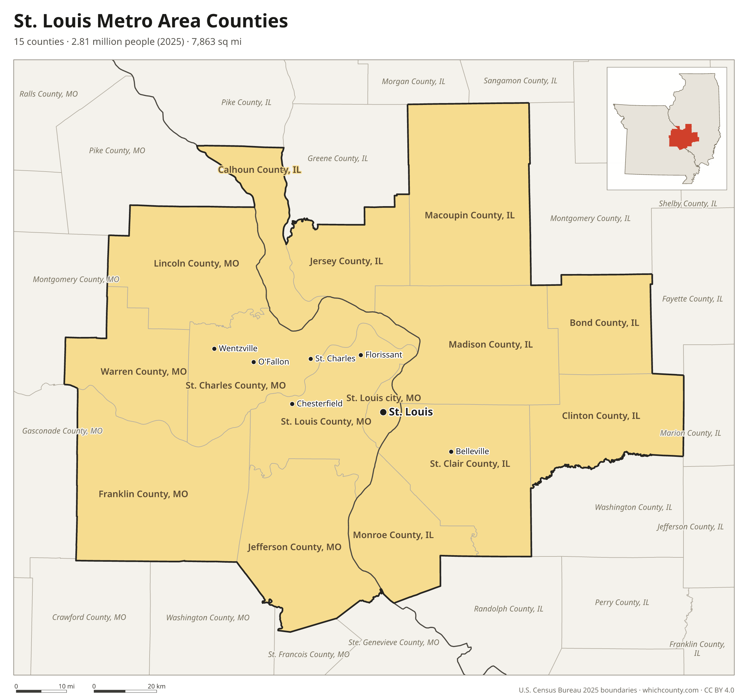 Map of the 15 counties of the St. Louis metro area with county names and major cities