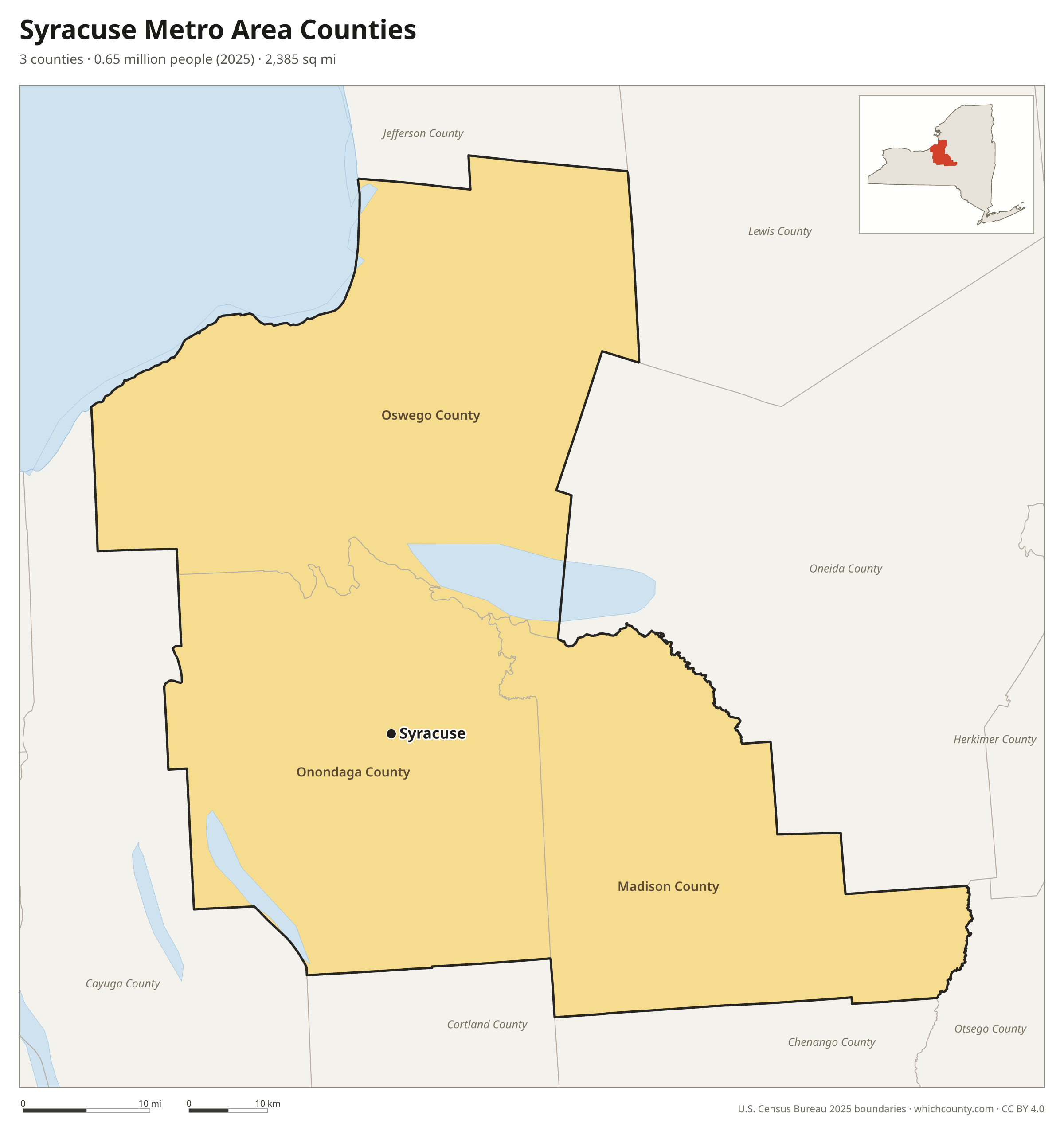 Map of the 3 counties of the Syracuse metro area with county names and major cities