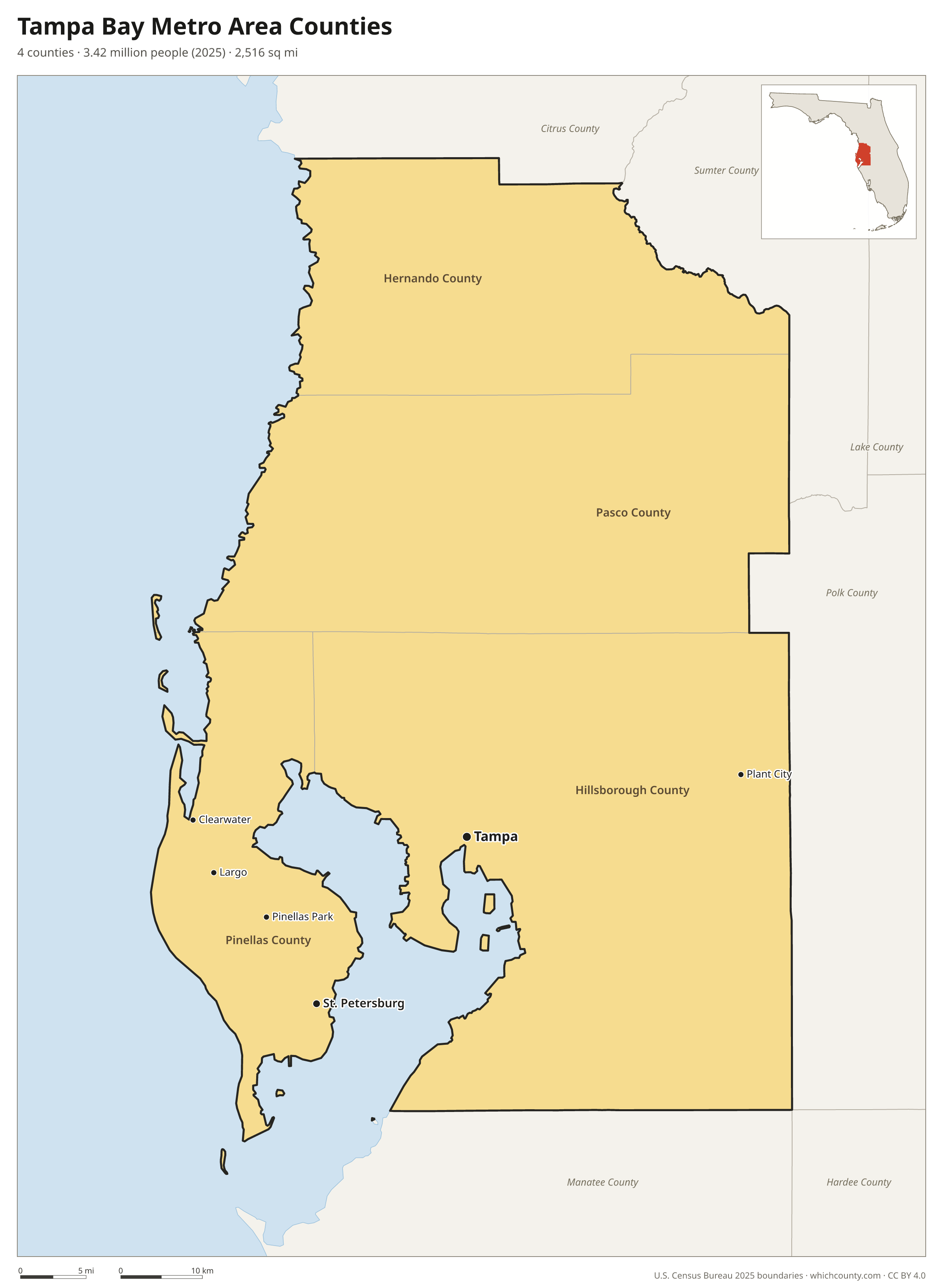 Map of the 4 counties of the Tampa Bay metro area with county names and major cities