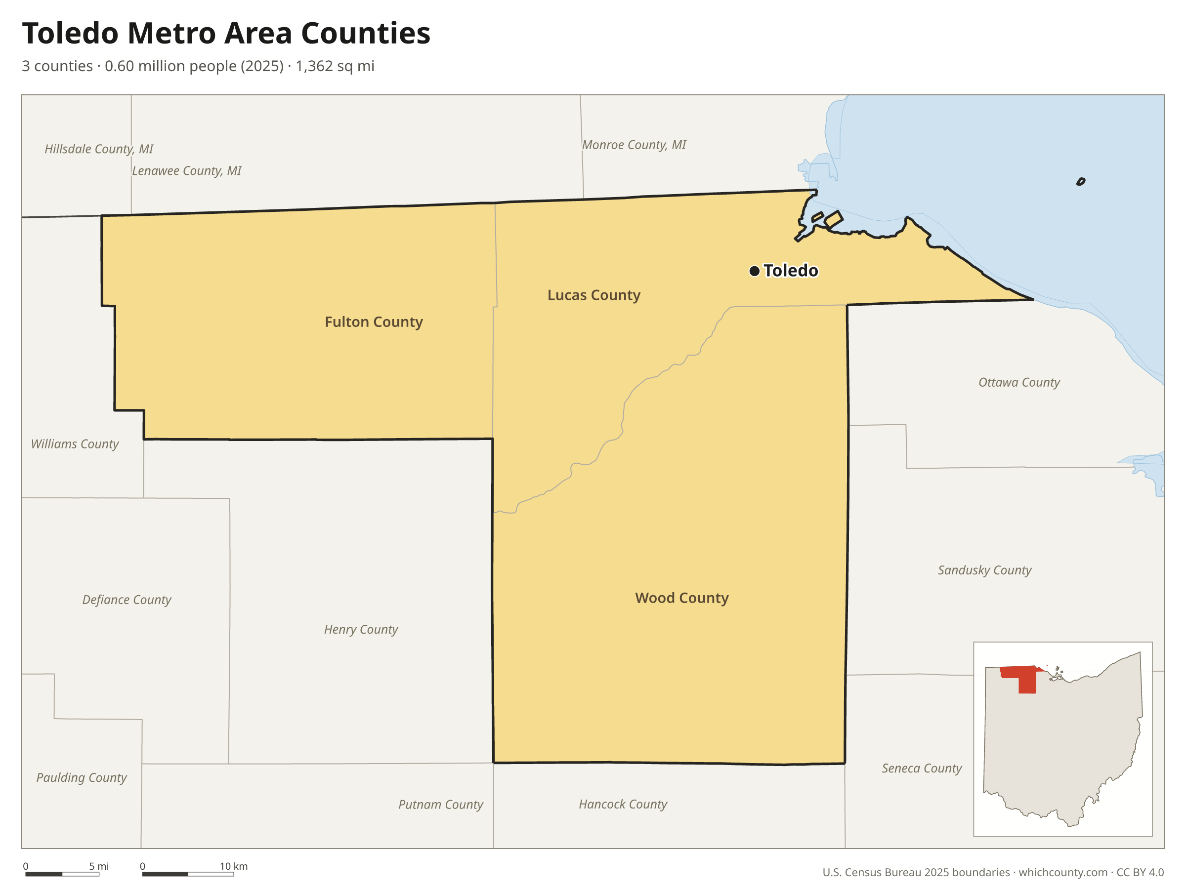 Map of the 3 counties of the Toledo metro area with county names and major cities