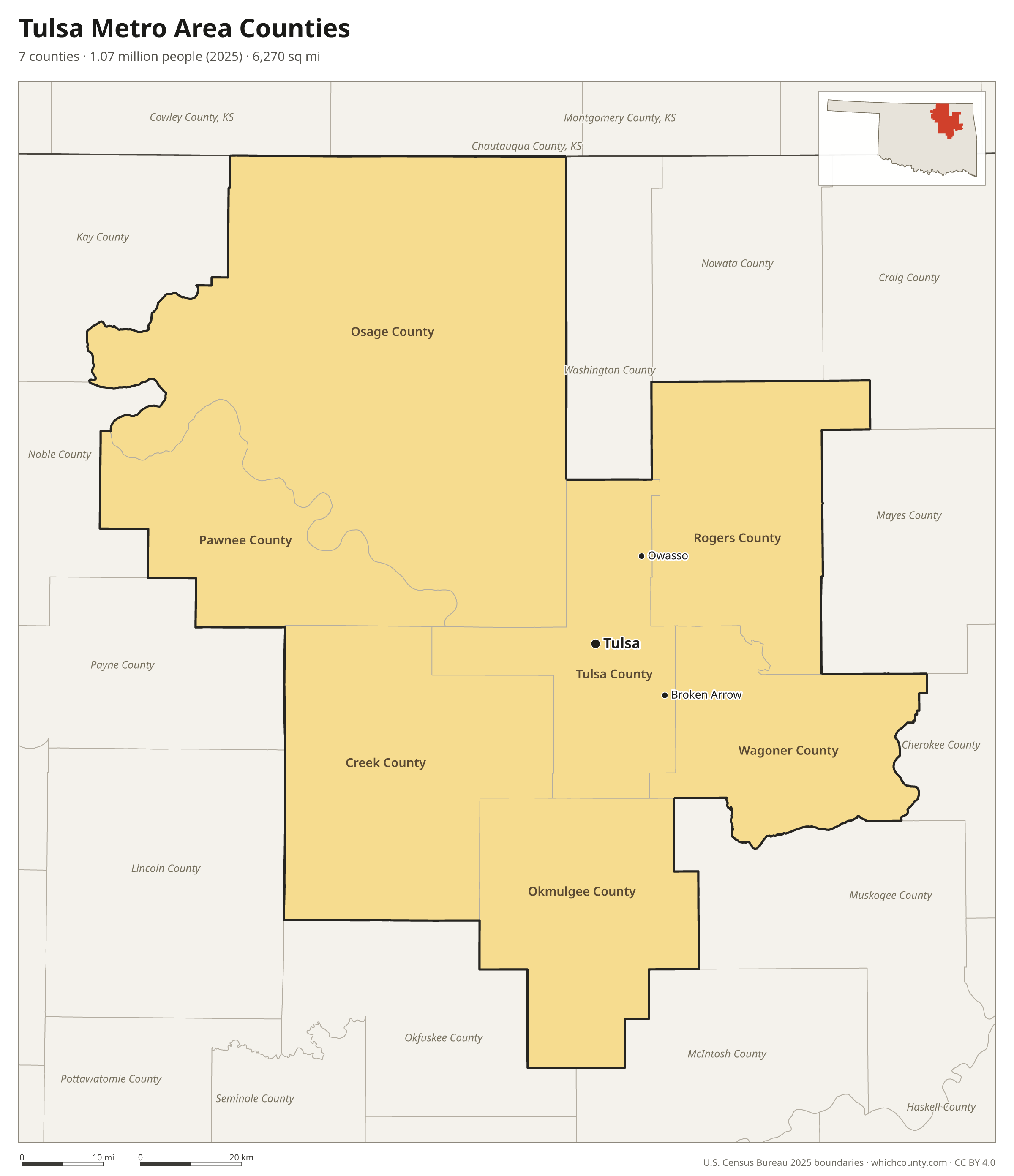 Map of the 7 counties of the Tulsa metro area with county names and major cities