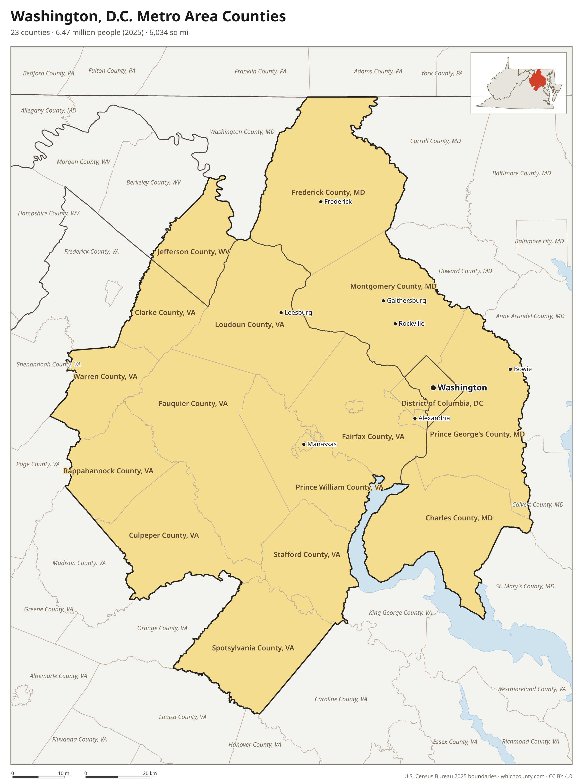 Map of the 23 counties of the Washington, D.C. metro area with county names and major cities