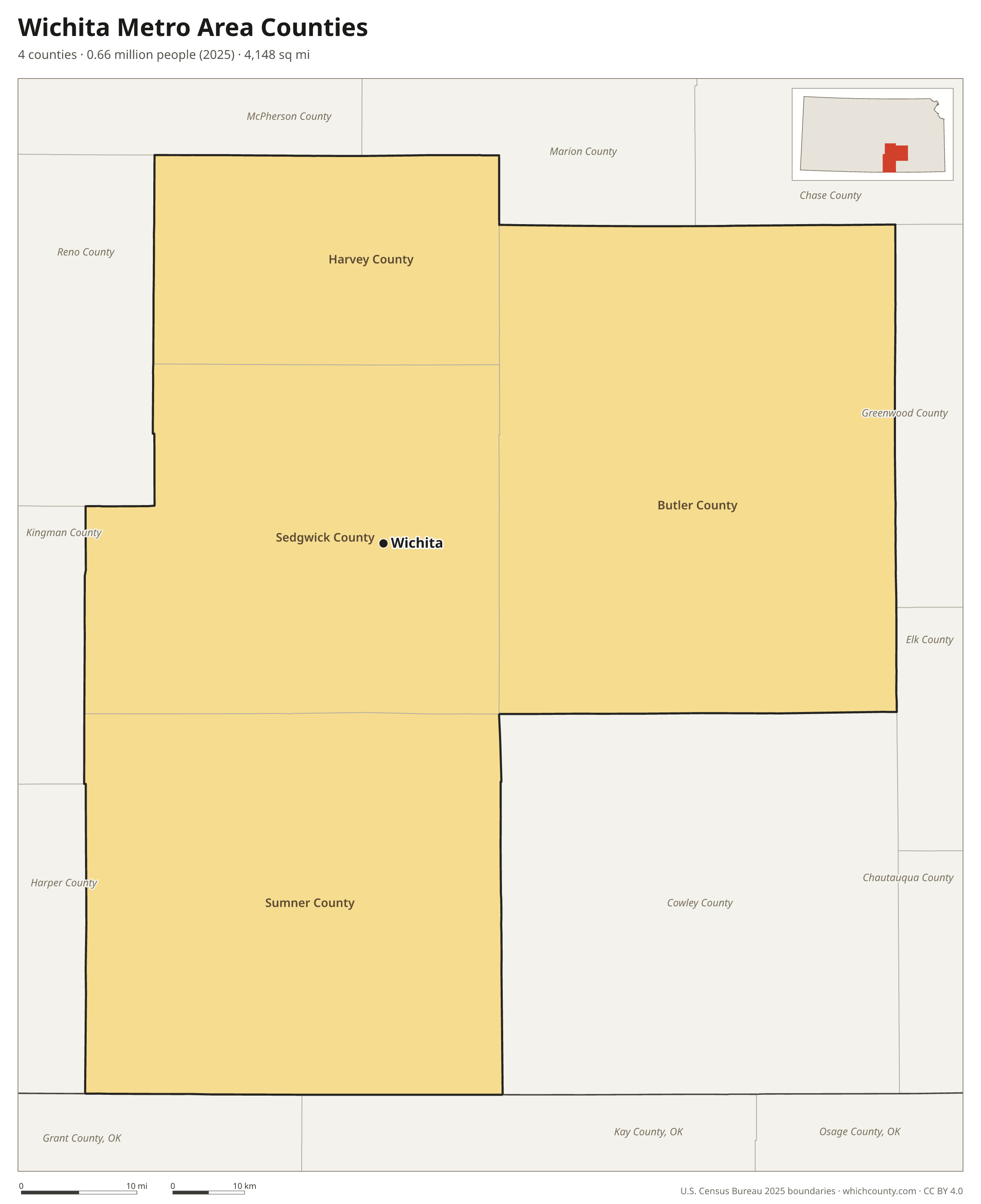 Map of the 4 counties of the Wichita metro area with county names and major cities
