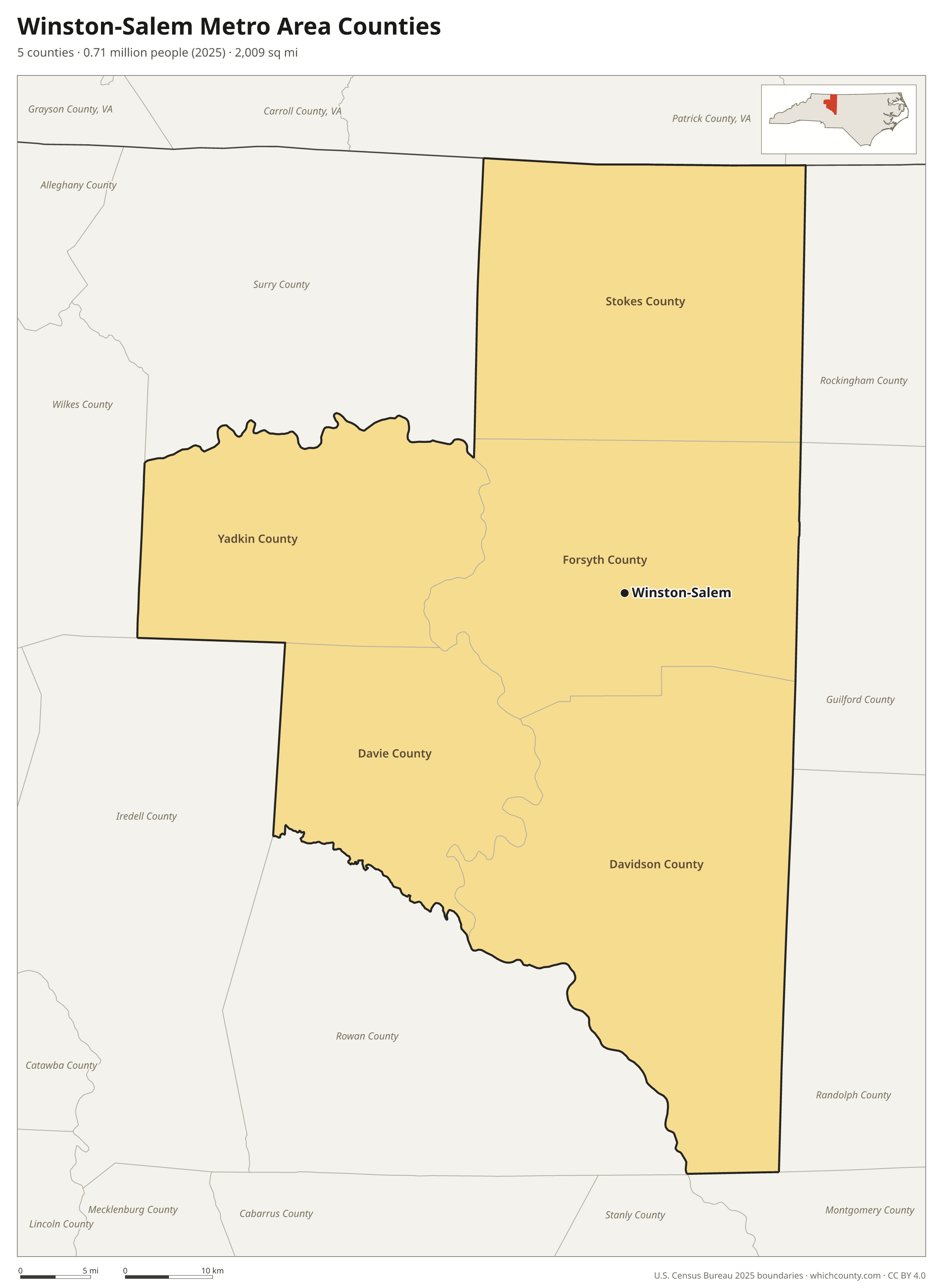 Map of the 5 counties of the Winston-Salem metro area with county names and major cities