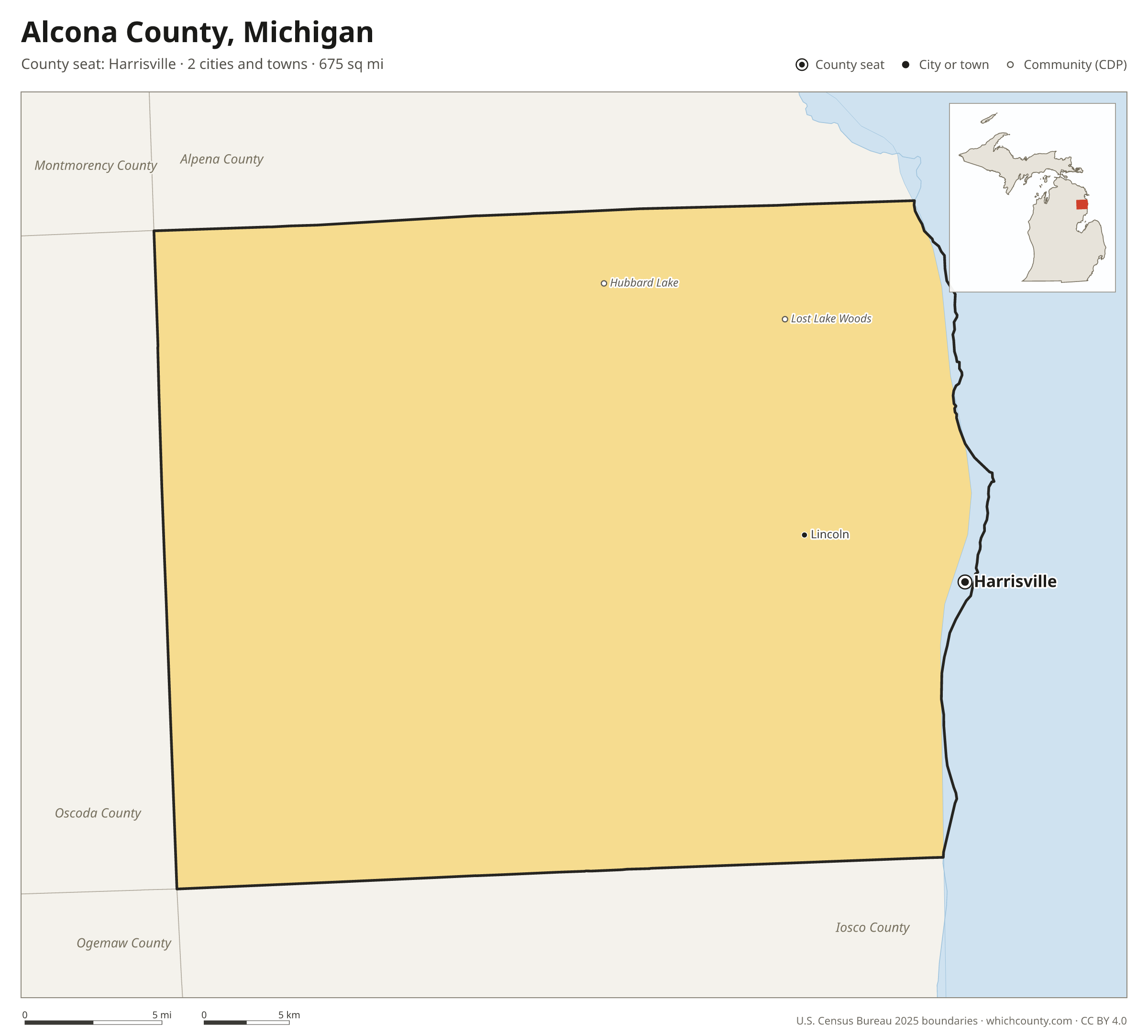 Map of Alcona County, Michigan with cities, towns and the county boundary