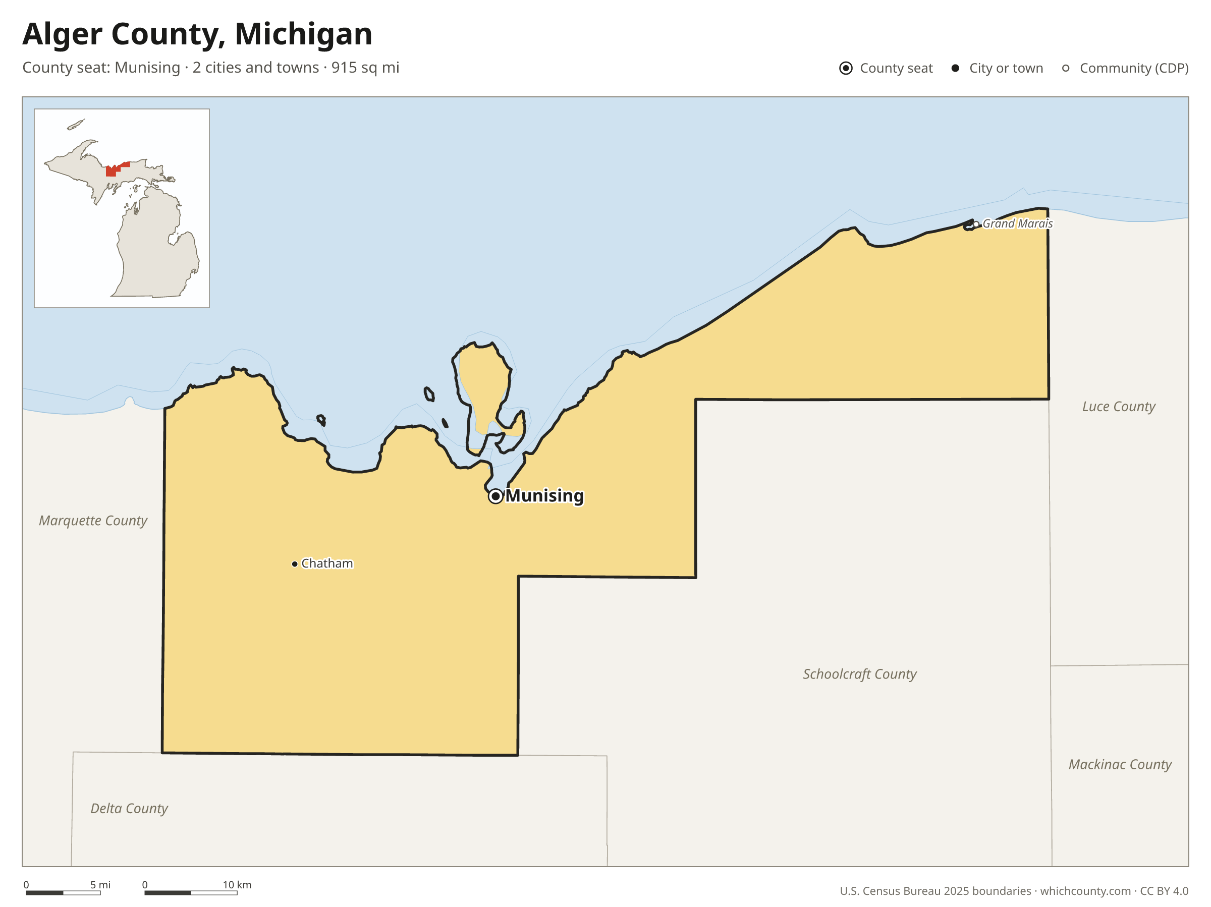 Map of Alger County, Michigan with cities, towns and the county boundary