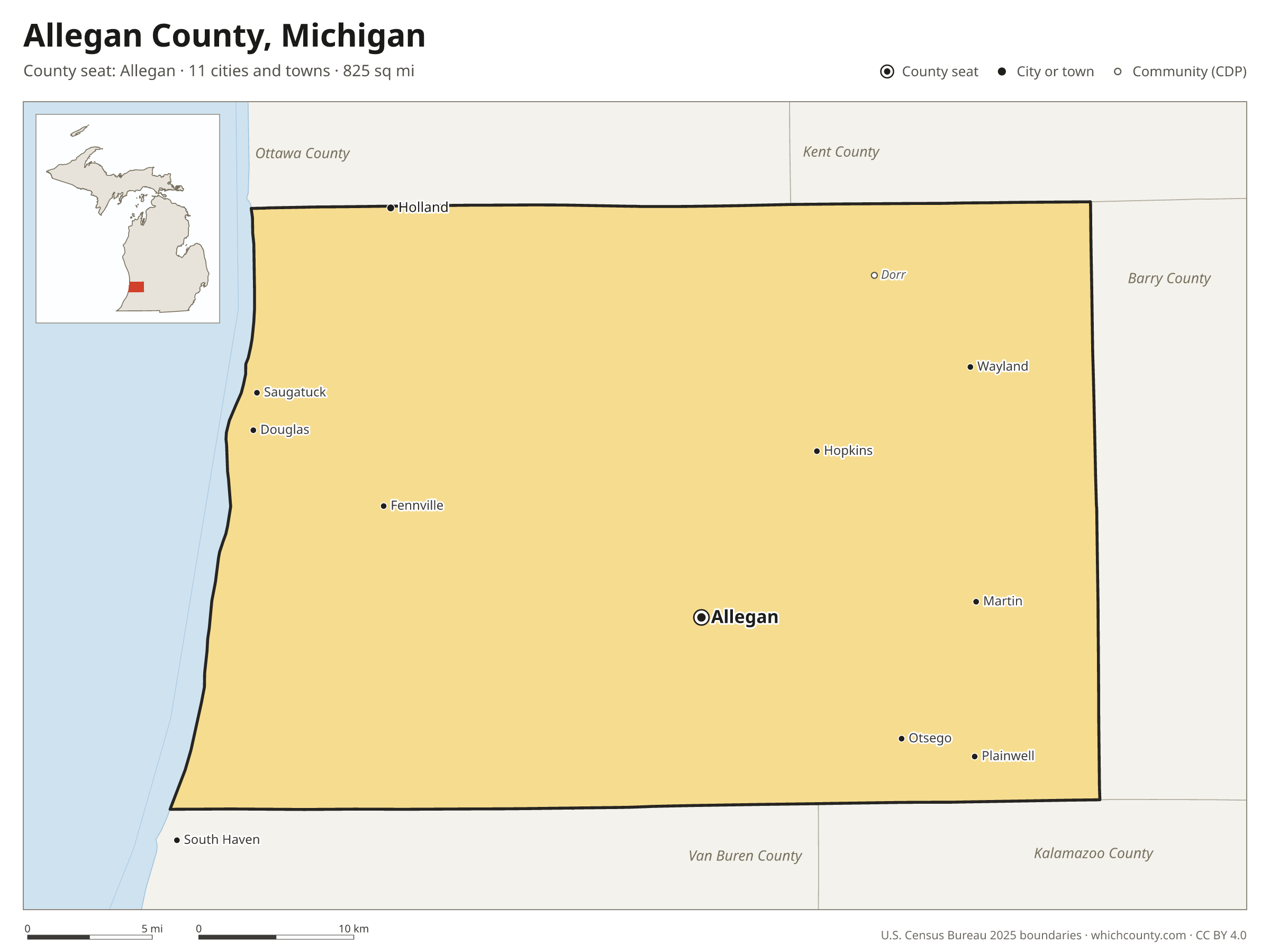 Map of Allegan County, Michigan with cities, towns and the county boundary