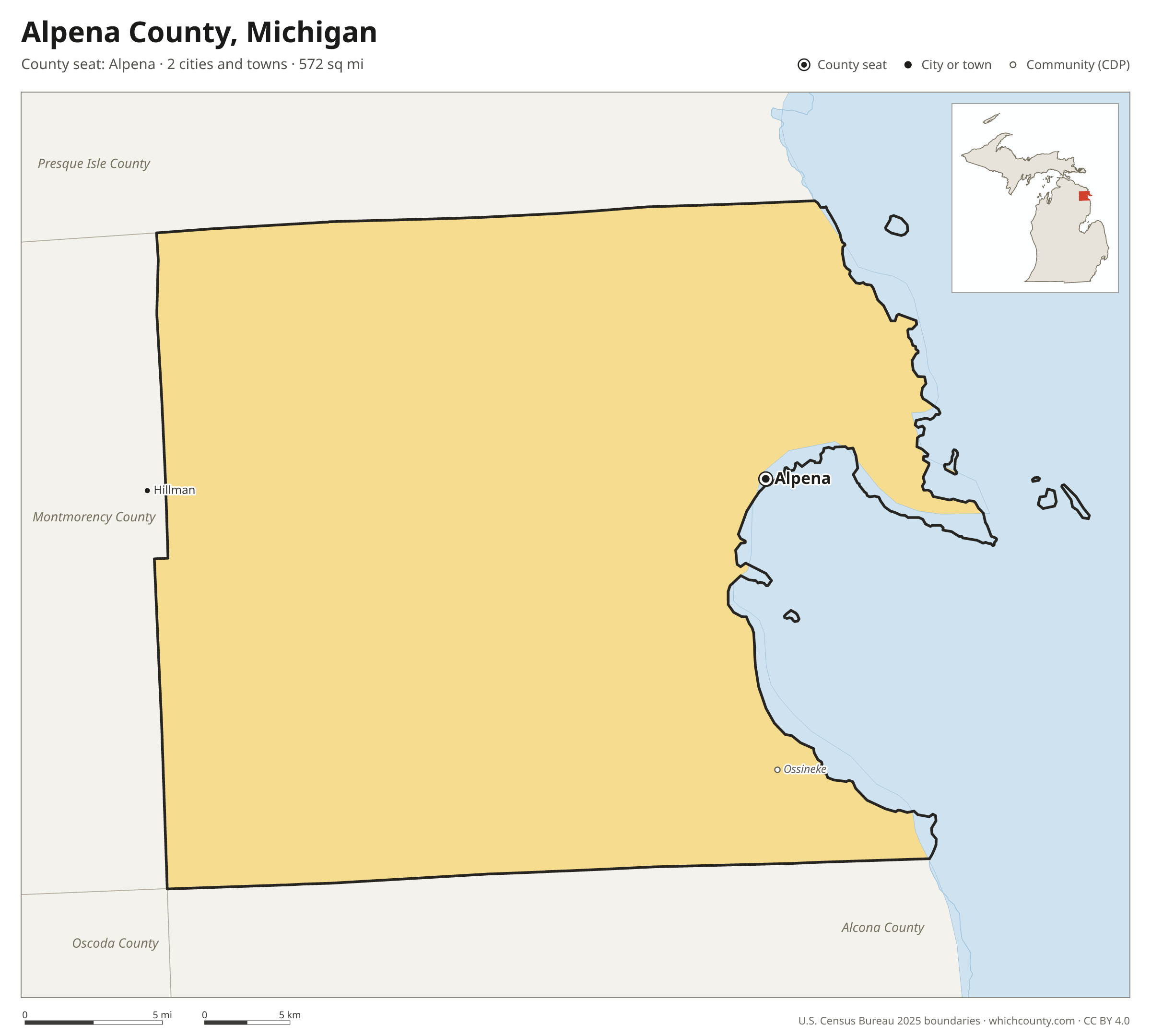 Map of Alpena County, Michigan with cities, towns and the county boundary