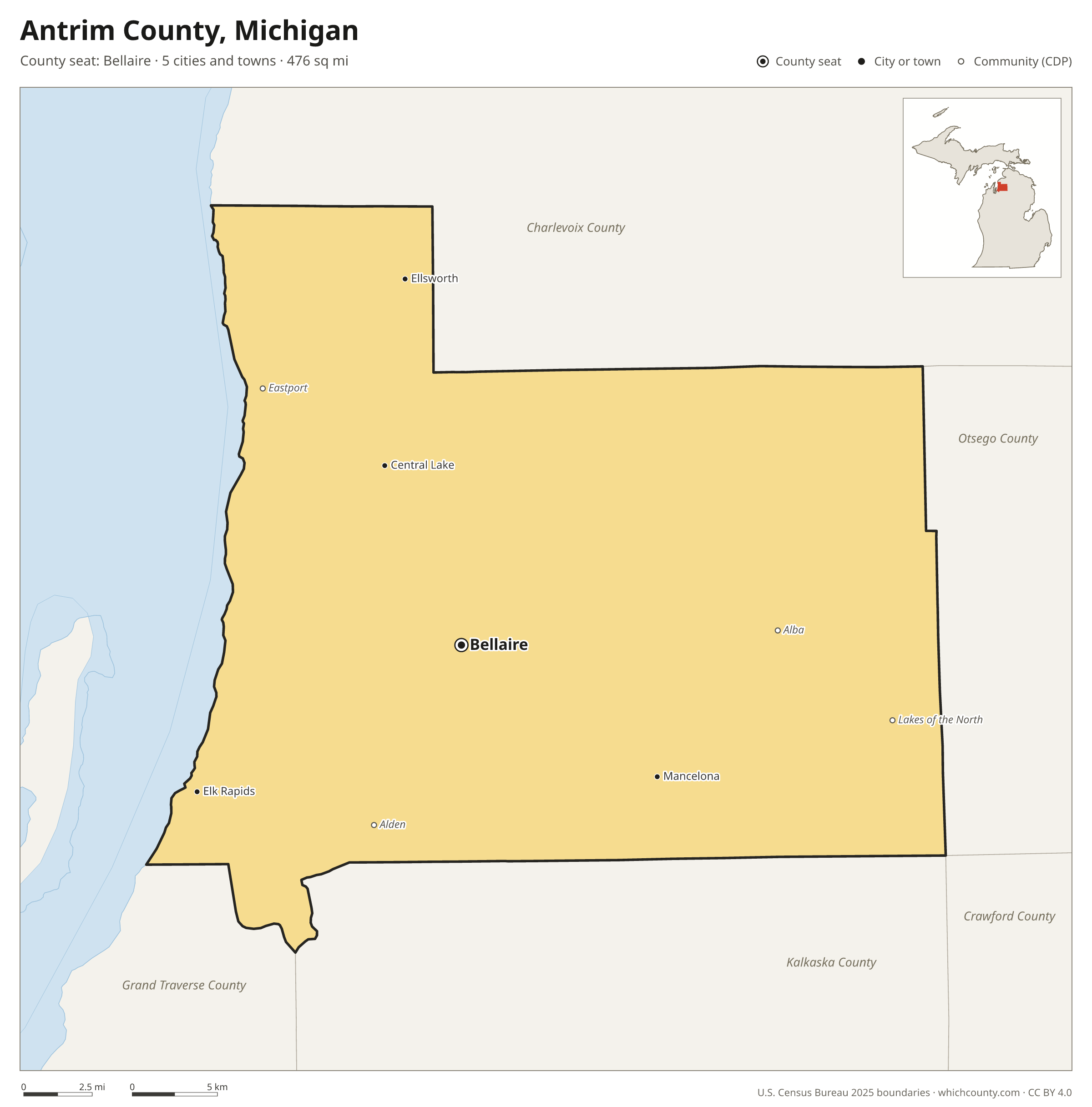 Map of Antrim County, Michigan with cities, towns and the county boundary