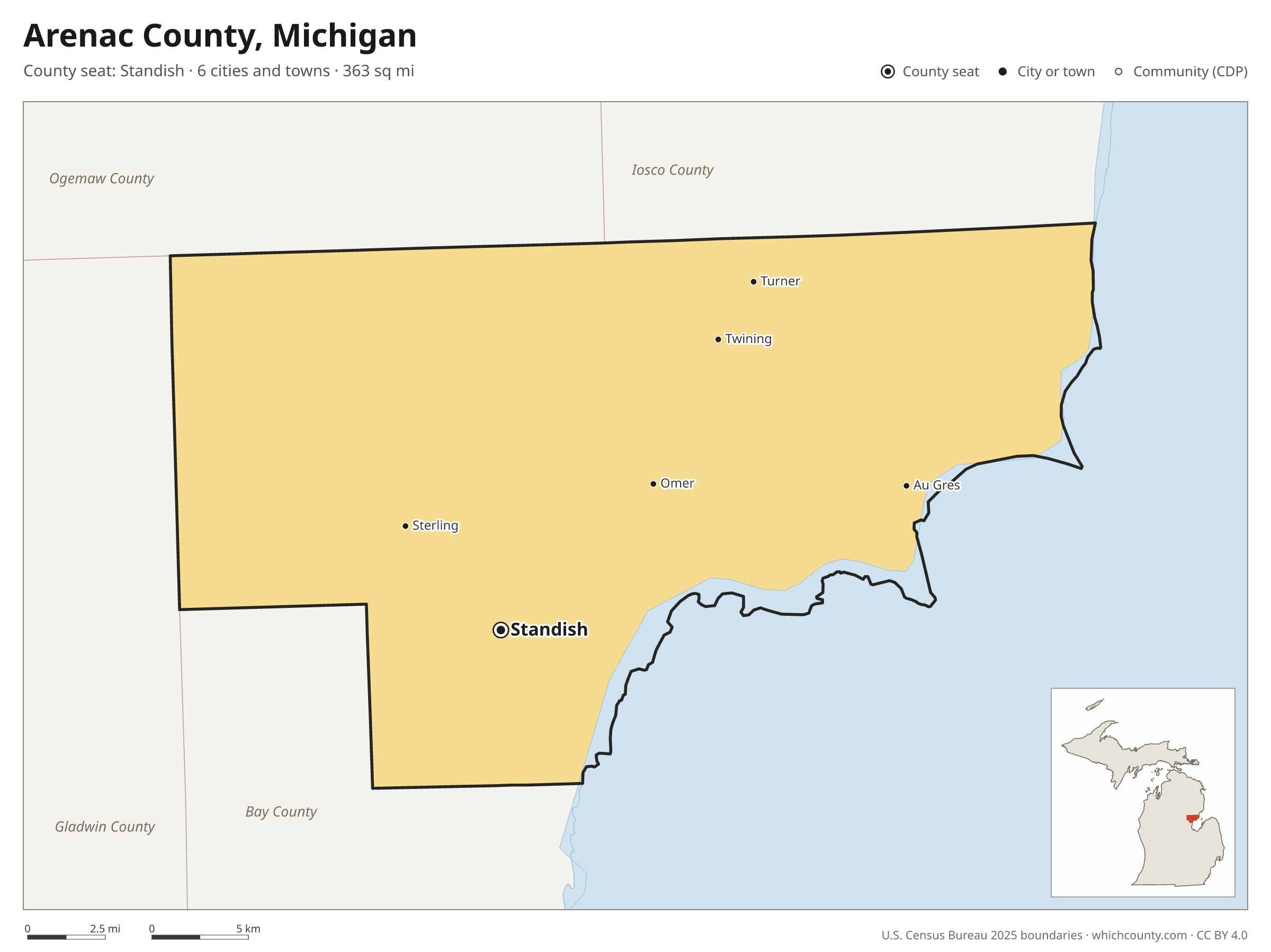 Map of Arenac County, Michigan with cities, towns and the county boundary