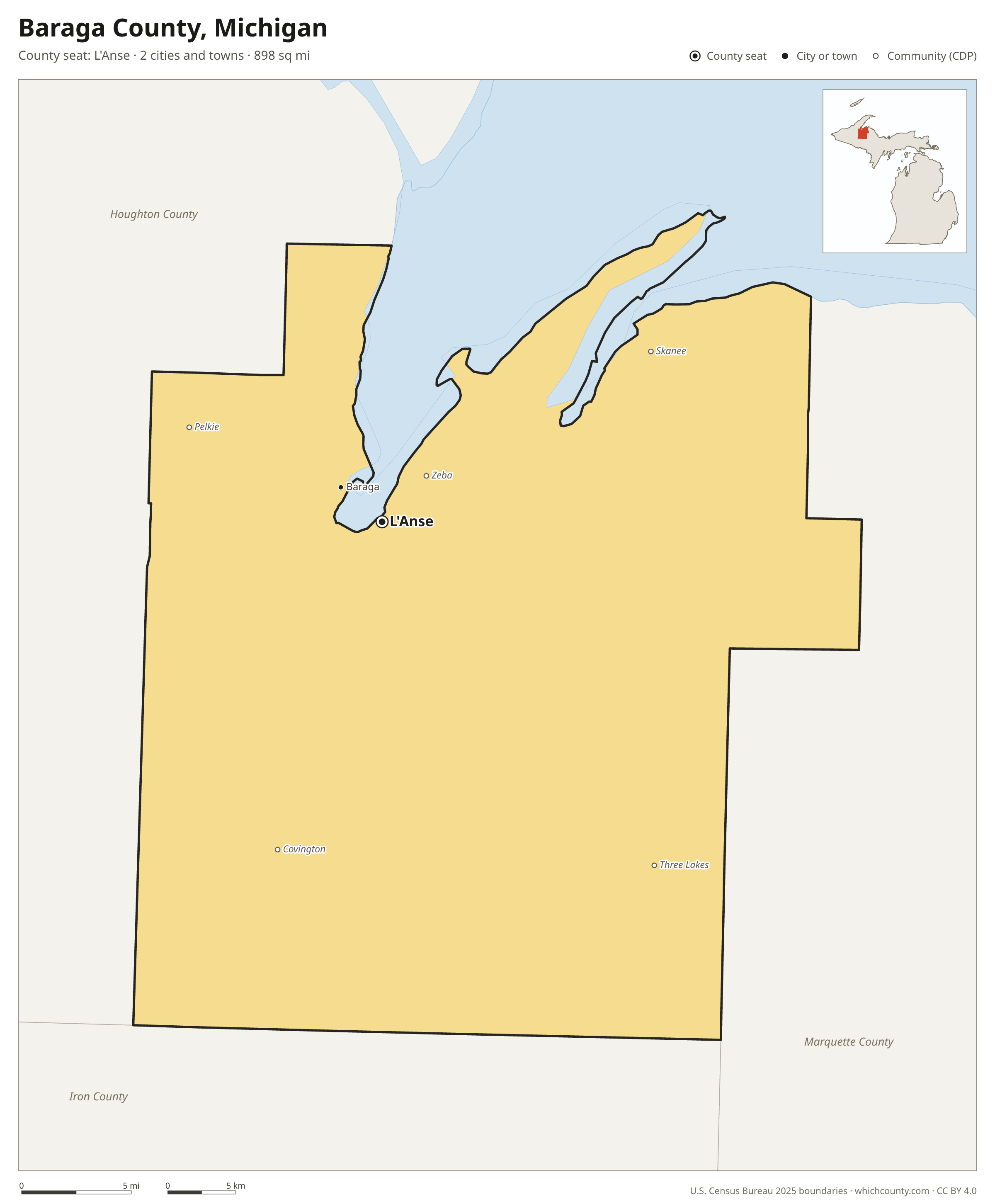 Map of Baraga County, Michigan with cities, towns and the county boundary