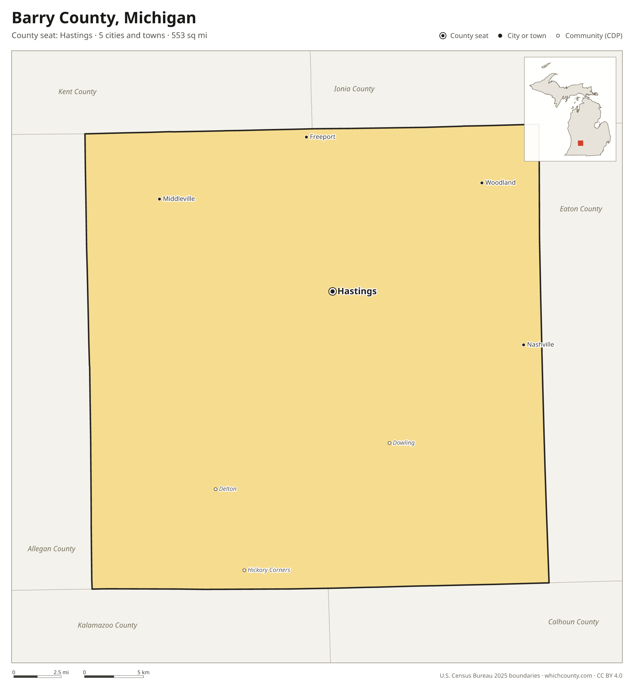 Map of Barry County, Michigan with cities, towns and the county boundary