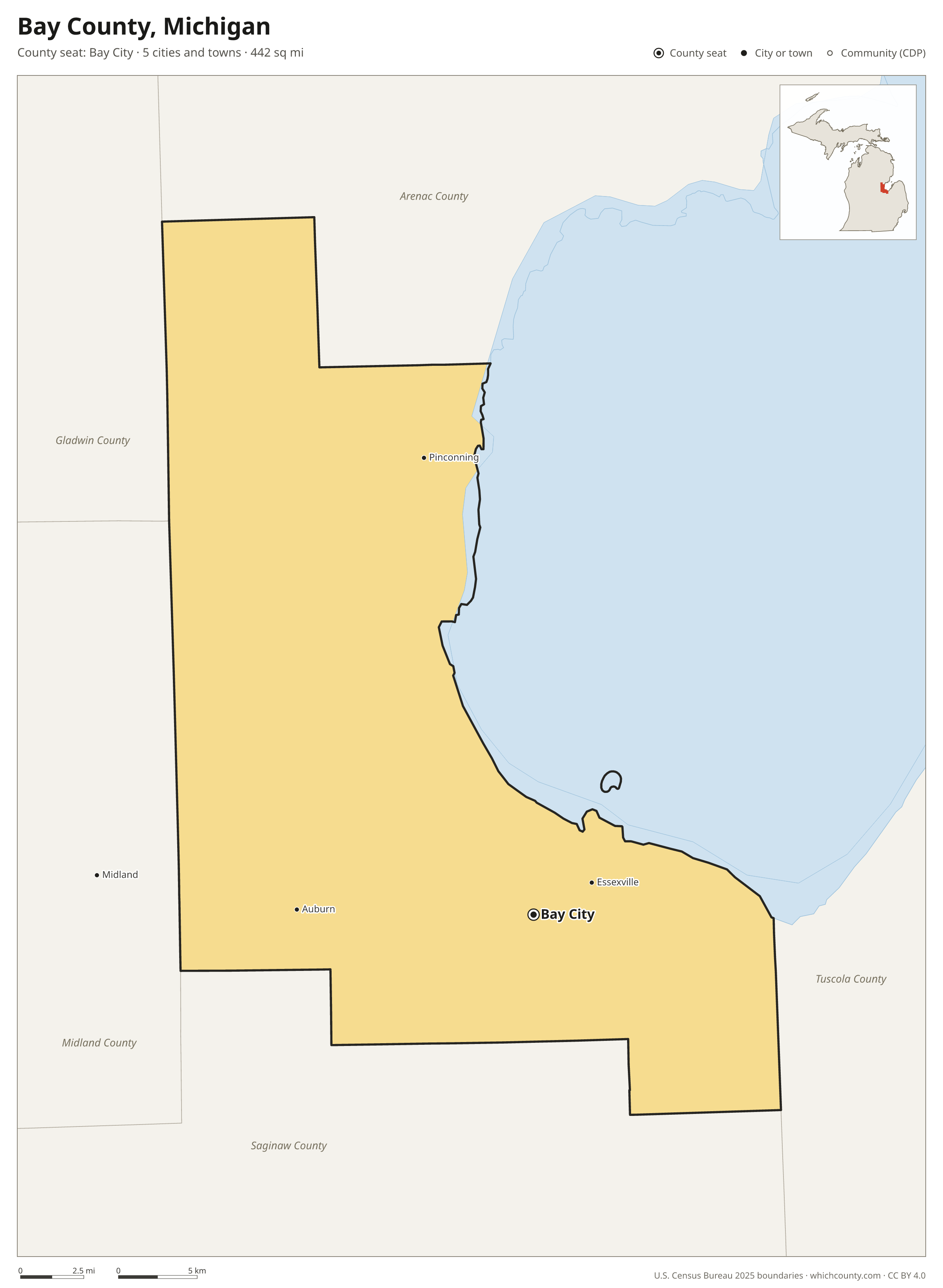 Map of Bay County, Michigan with cities, towns and the county boundary