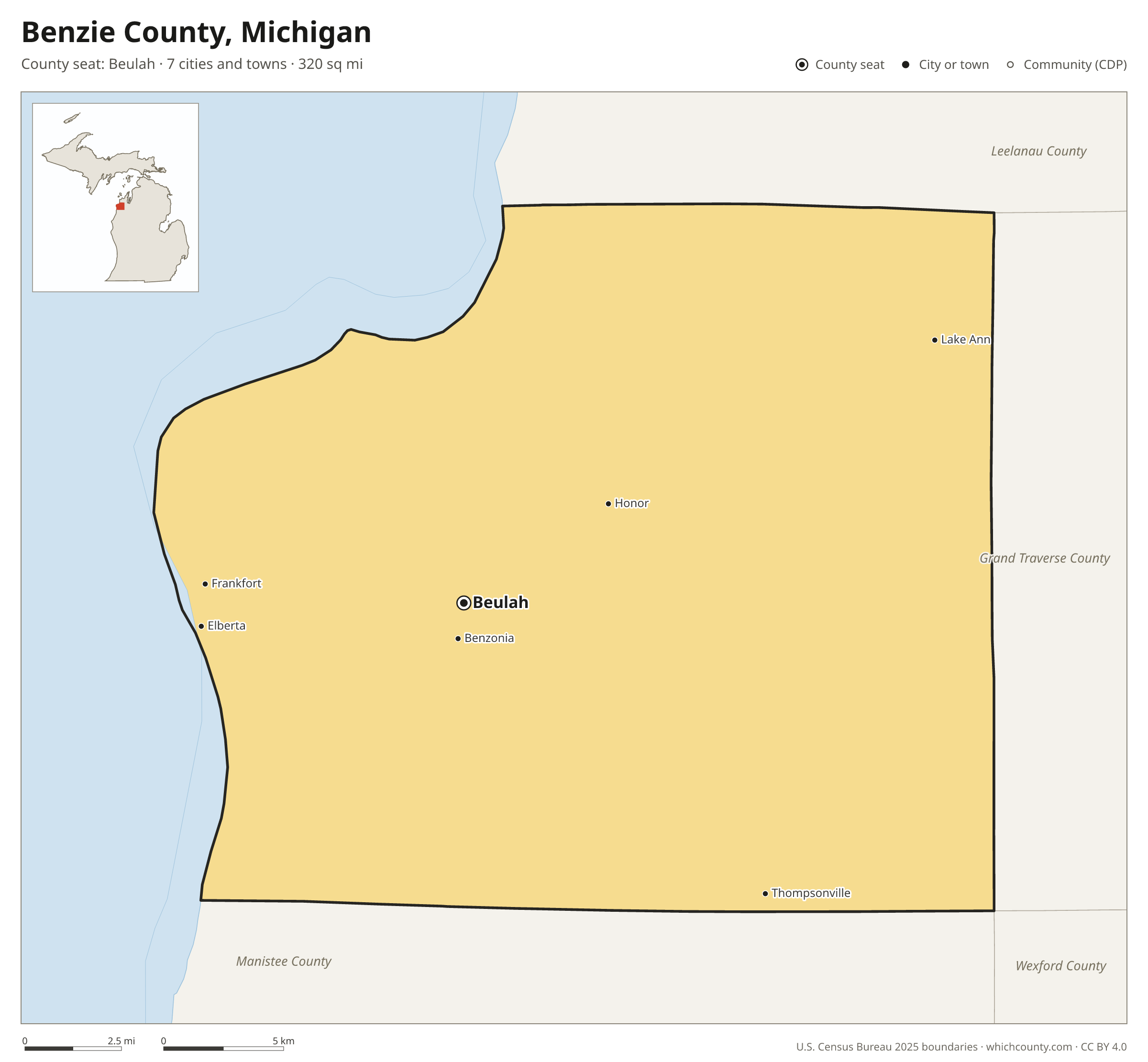 Map of Benzie County, Michigan with cities, towns and the county boundary