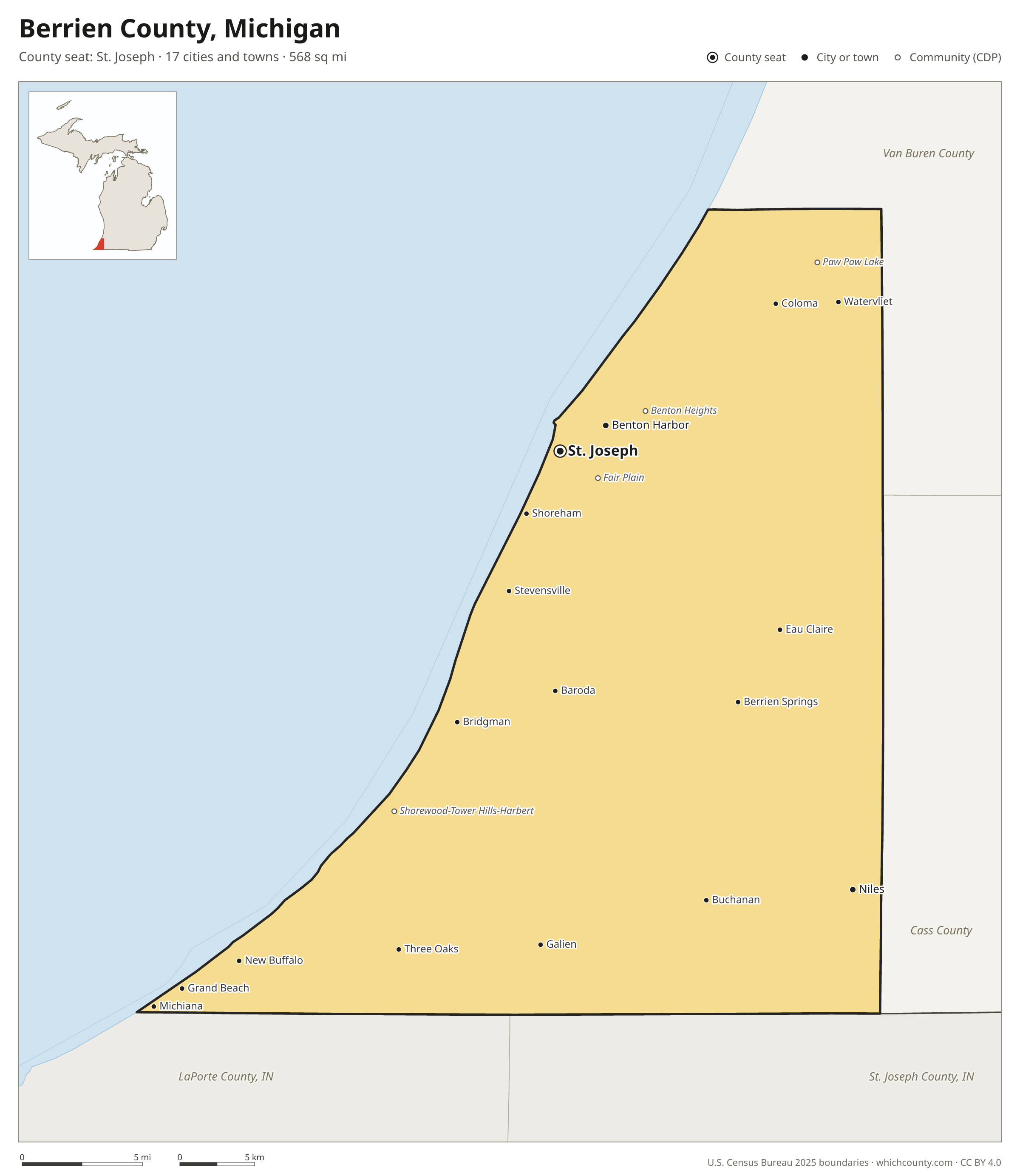 Map of Berrien County, Michigan with cities, towns and the county boundary