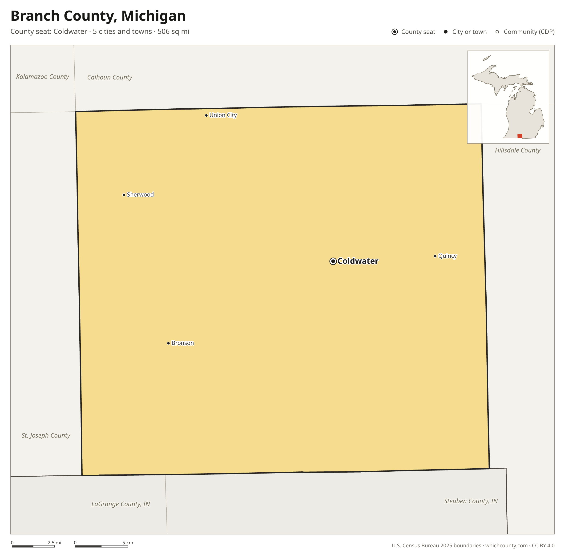 Map of Branch County, Michigan with cities, towns and the county boundary