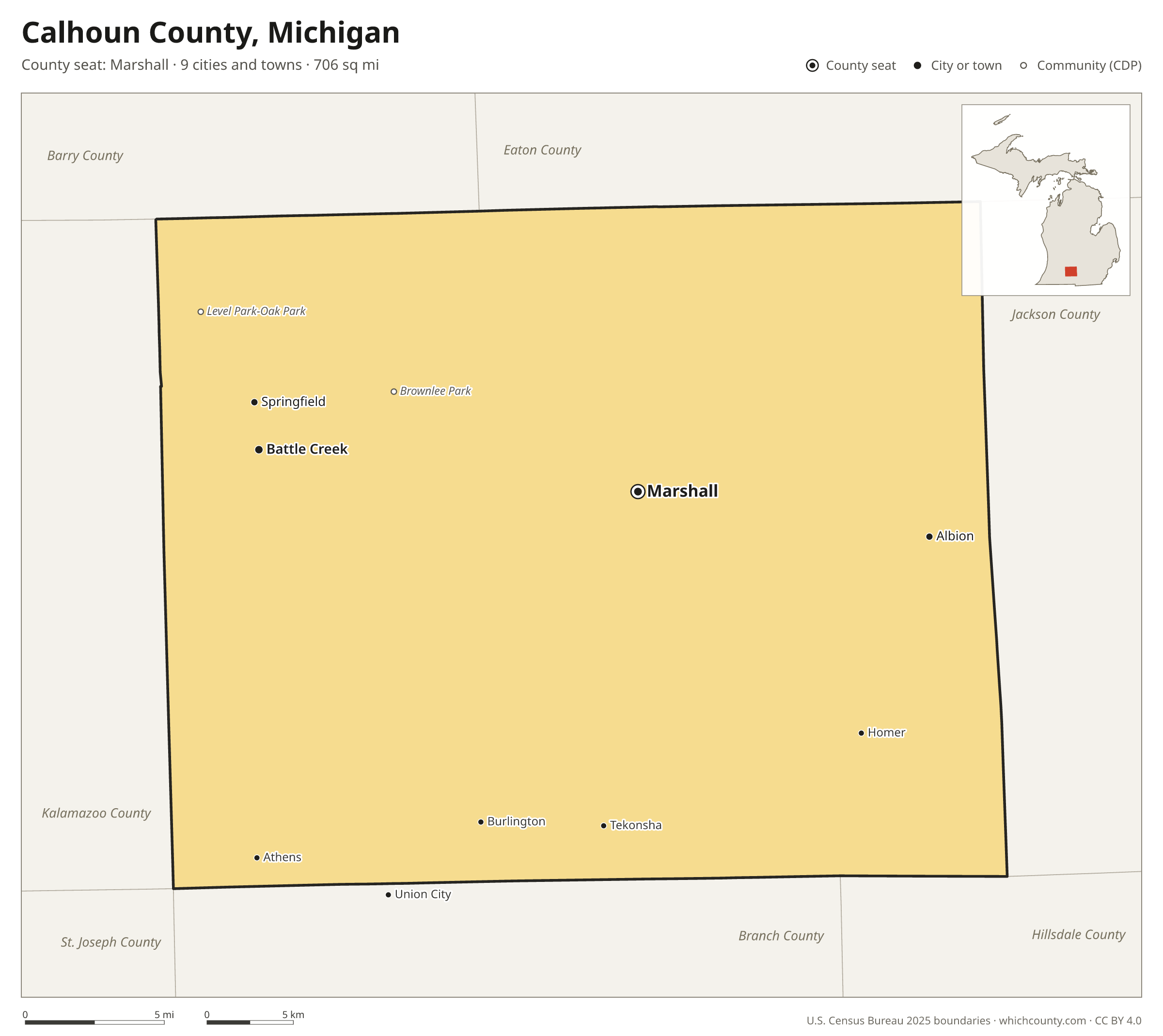 Map of Calhoun County, Michigan with cities, towns and the county boundary