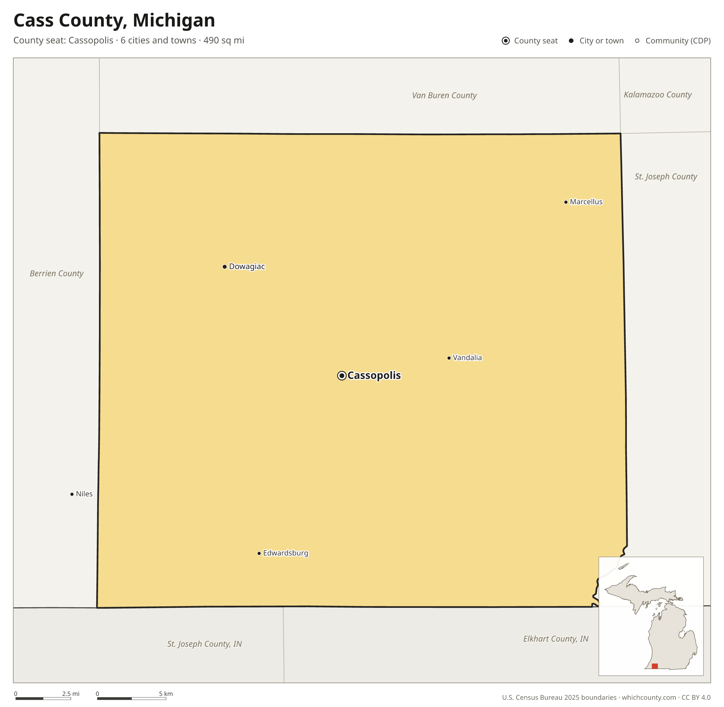 Map of Cass County, Michigan with cities, towns and the county boundary