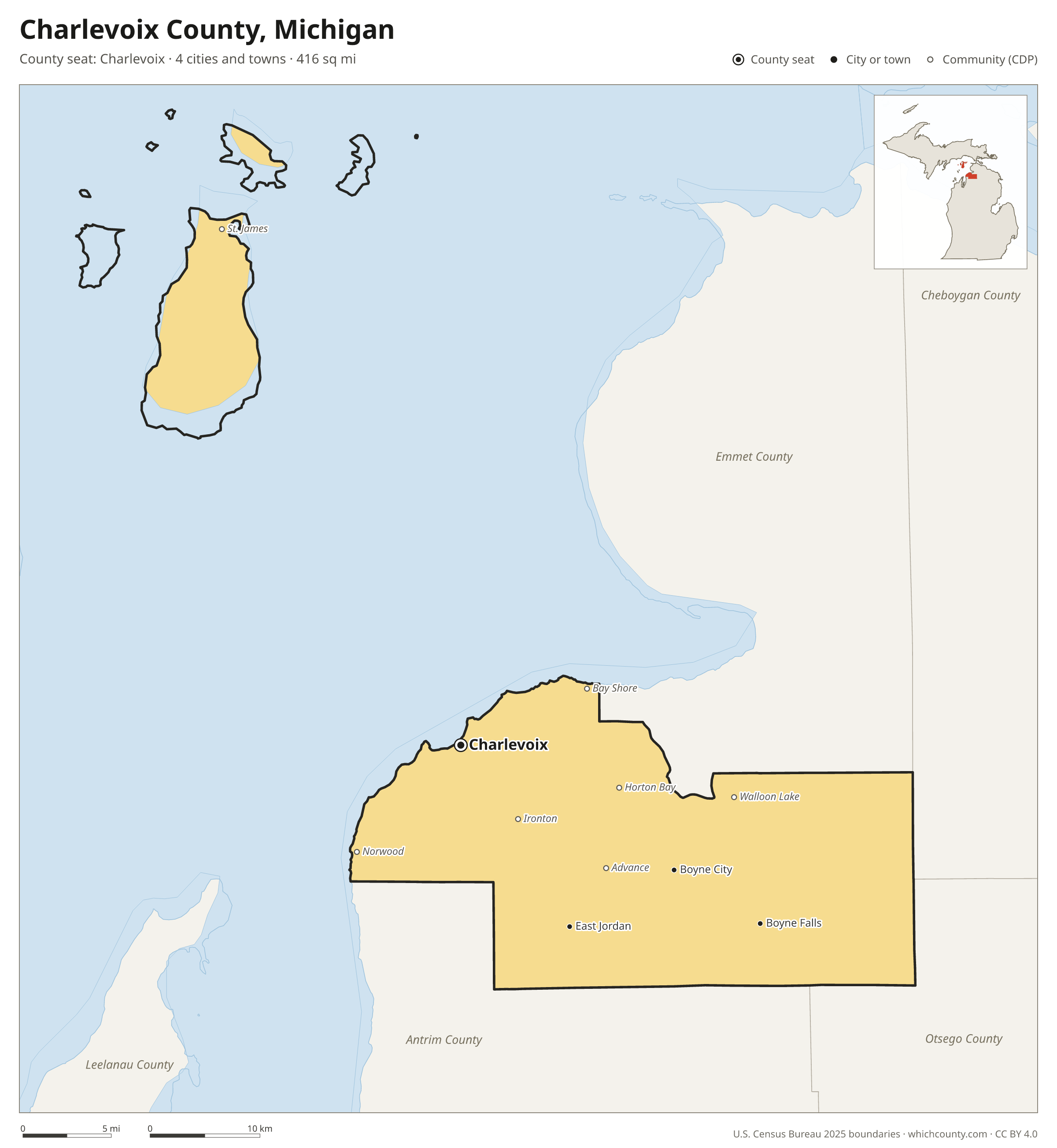 Map of Charlevoix County, Michigan with cities, towns and the county boundary