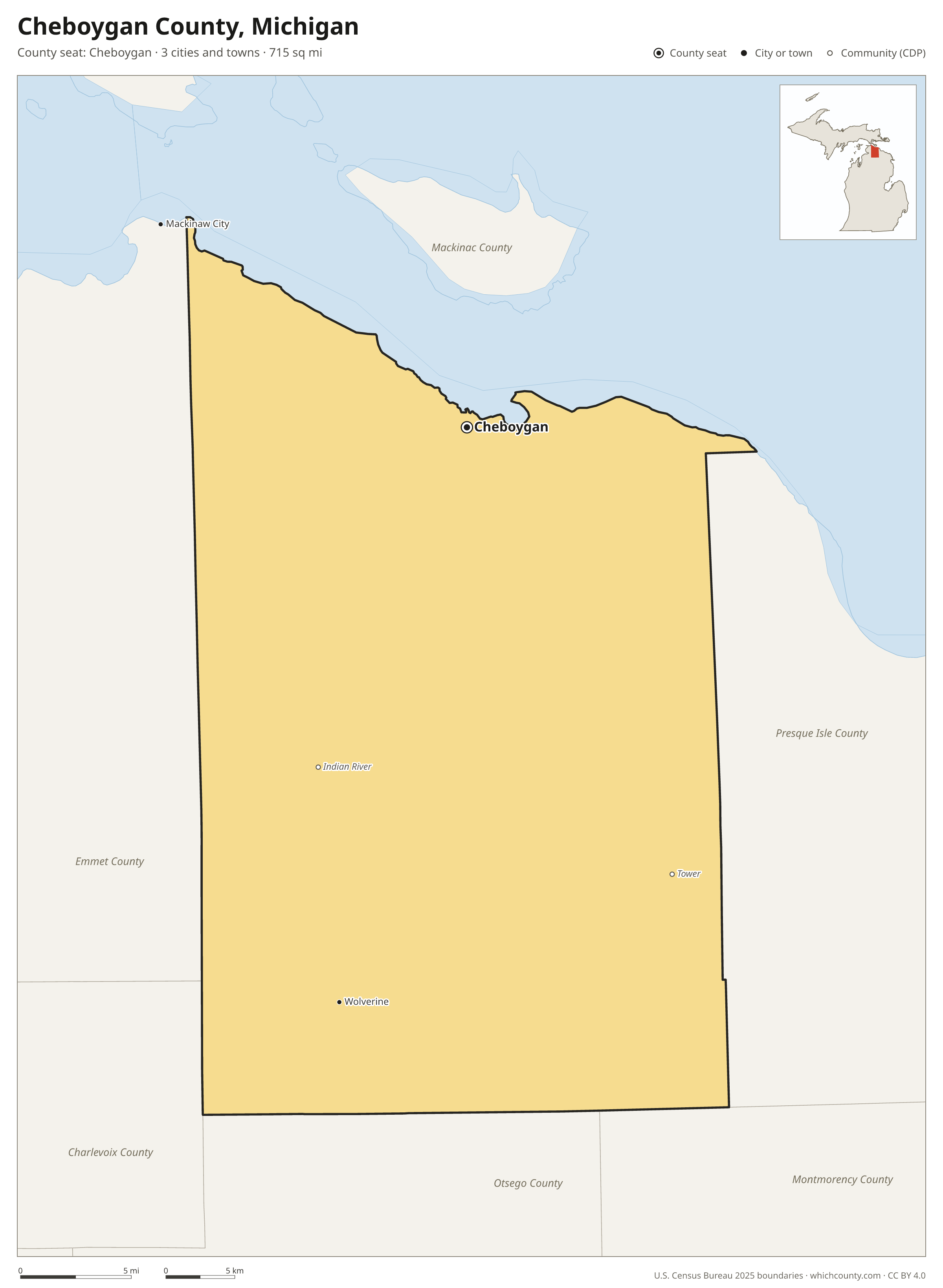Map of Cheboygan County, Michigan with cities, towns and the county boundary