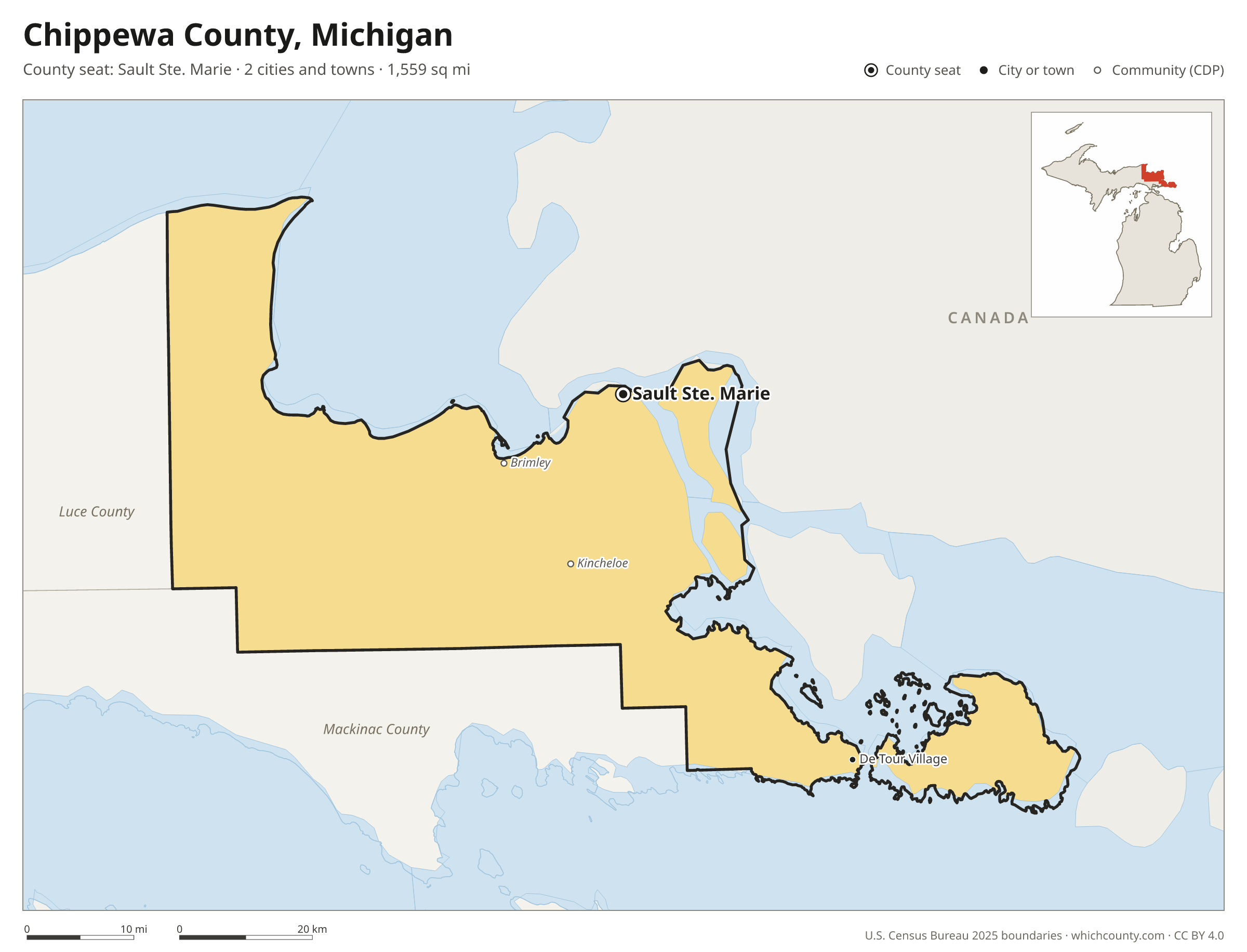 Map of Chippewa County, Michigan with cities, towns and the county boundary