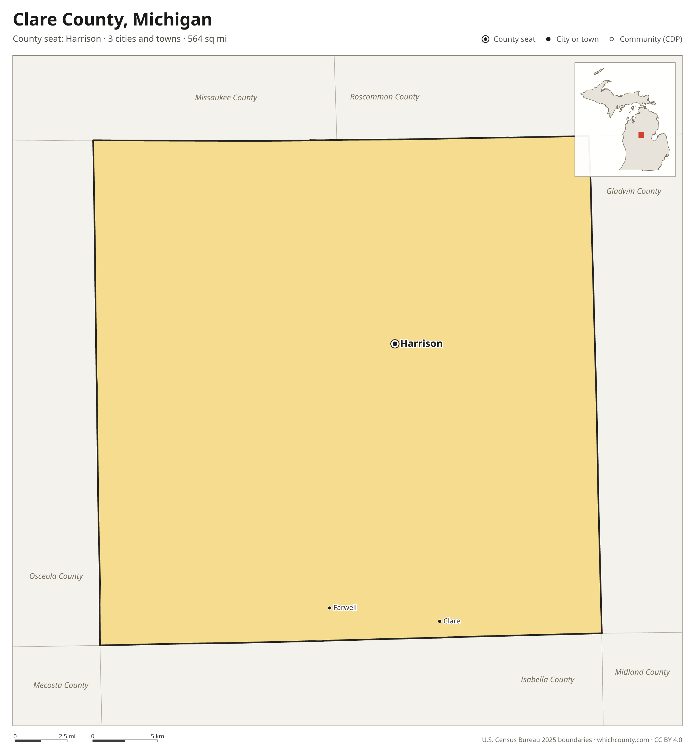 Map of Clare County, Michigan with cities, towns and the county boundary