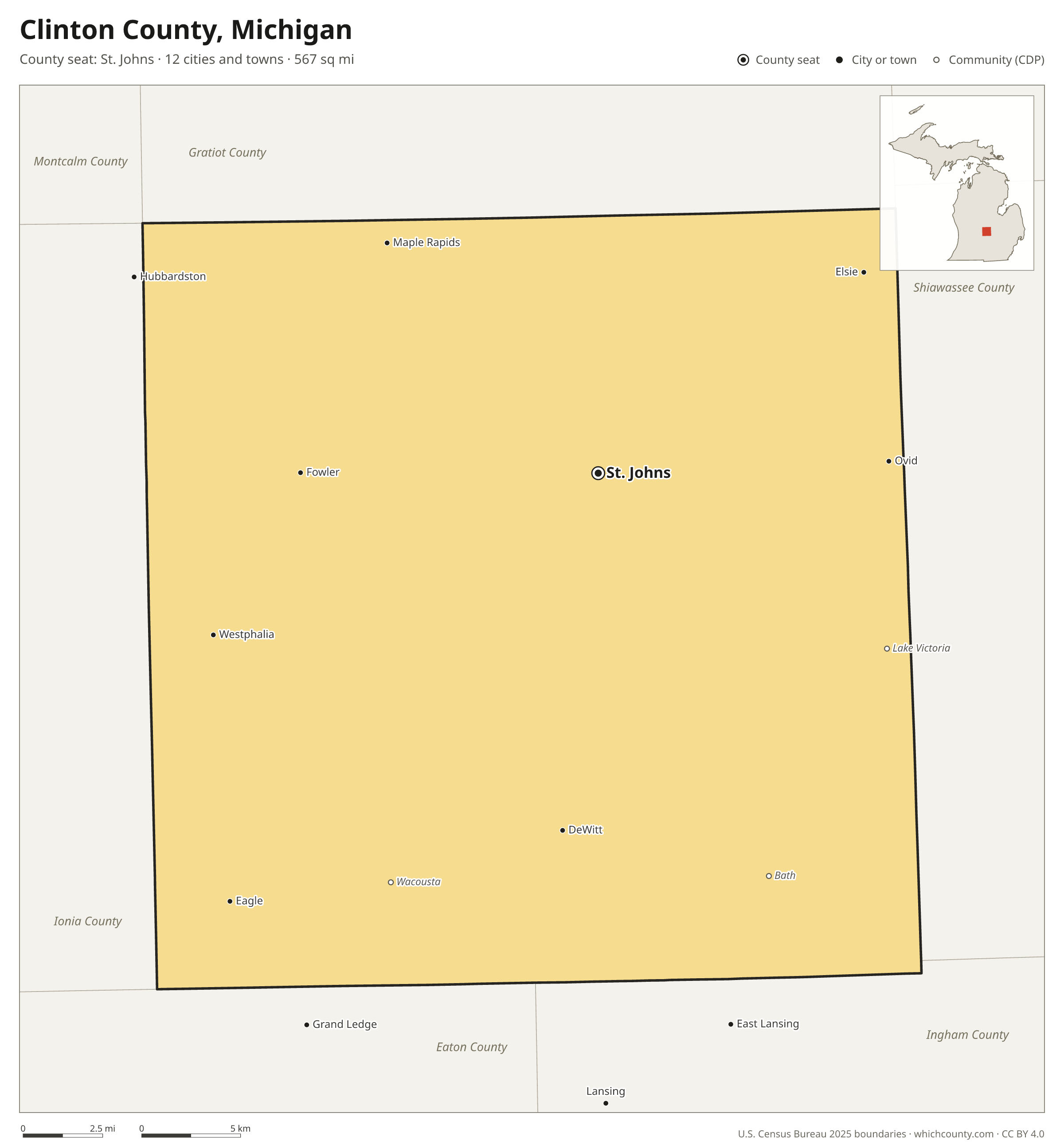 Map of Clinton County, Michigan with cities, towns and the county boundary